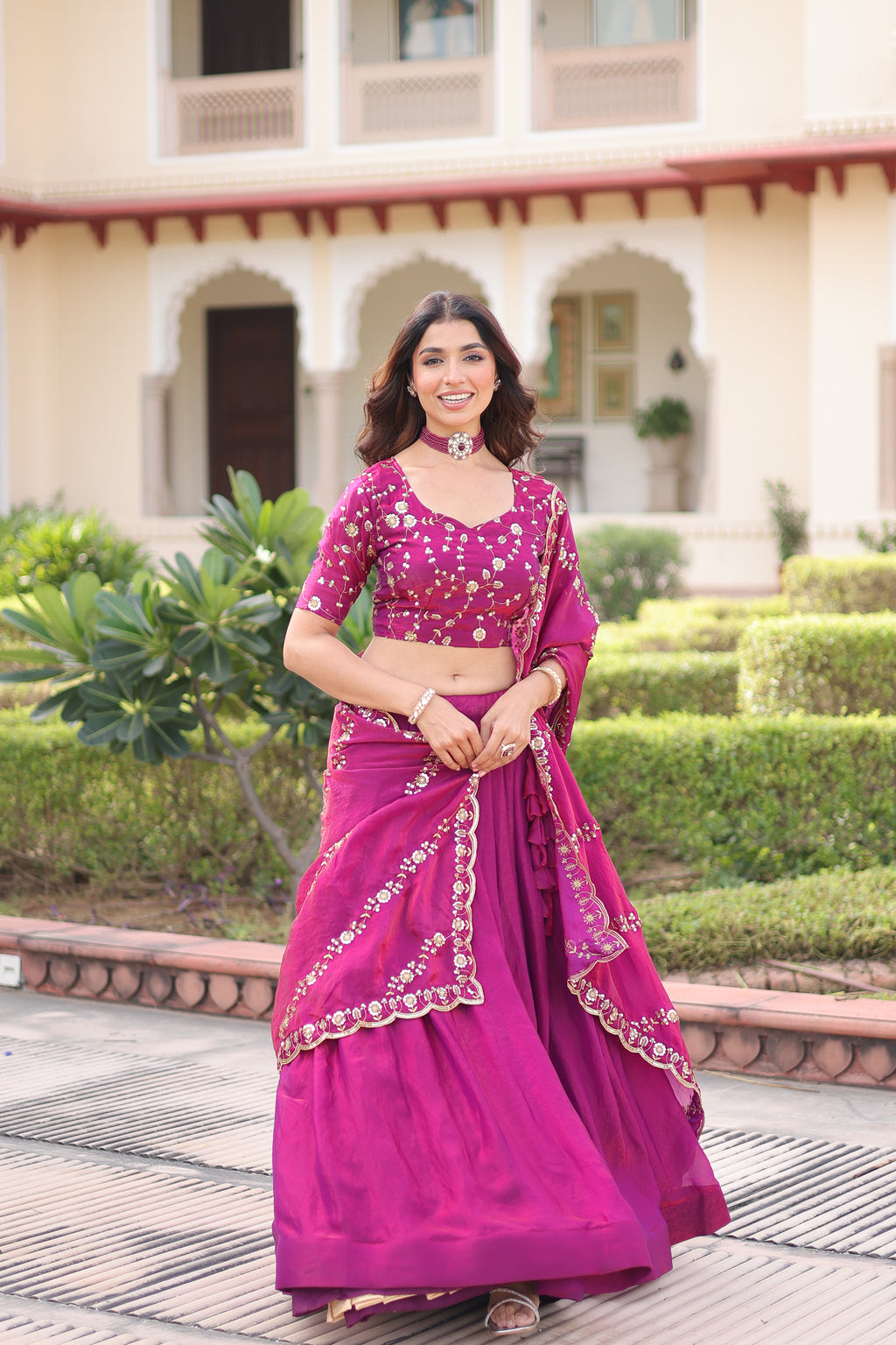 Ayni Magenta Color Fendi Silk Heavy Sequins Thread Embroidered work Lehenga Choli