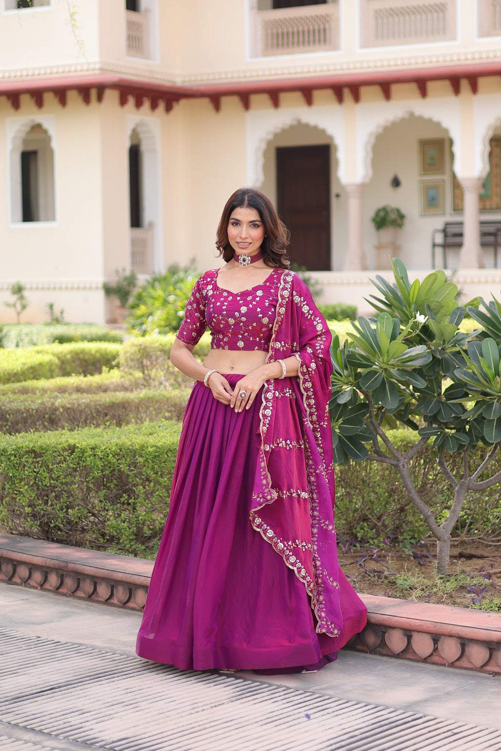Ayni Magenta Color Fendi Silk Heavy Sequins Thread Embroidered work Lehenga Choli