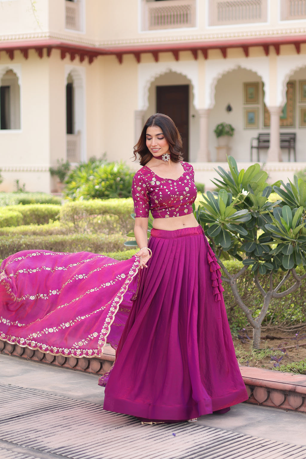 Ayni Magenta Color Fendi Silk Heavy Sequins Thread Embroidered work Lehenga Choli