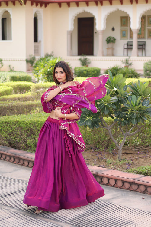 Ayni magenta Fendi silk lehenga choli with heavy sequins thread embroidered work