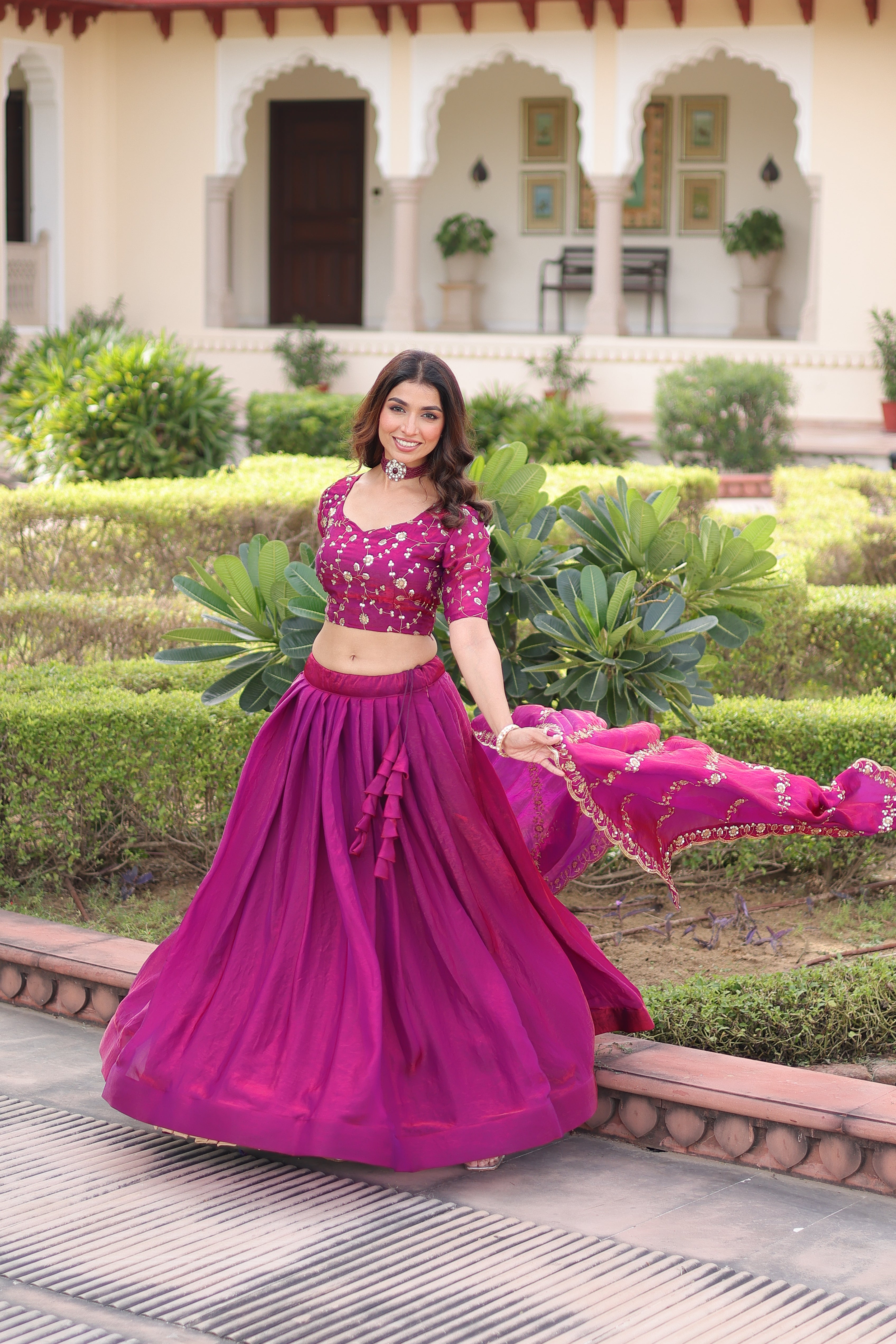 Ayni Magenta Color Fendi Silk Heavy Sequins Thread Embroidered work Lehenga Choli