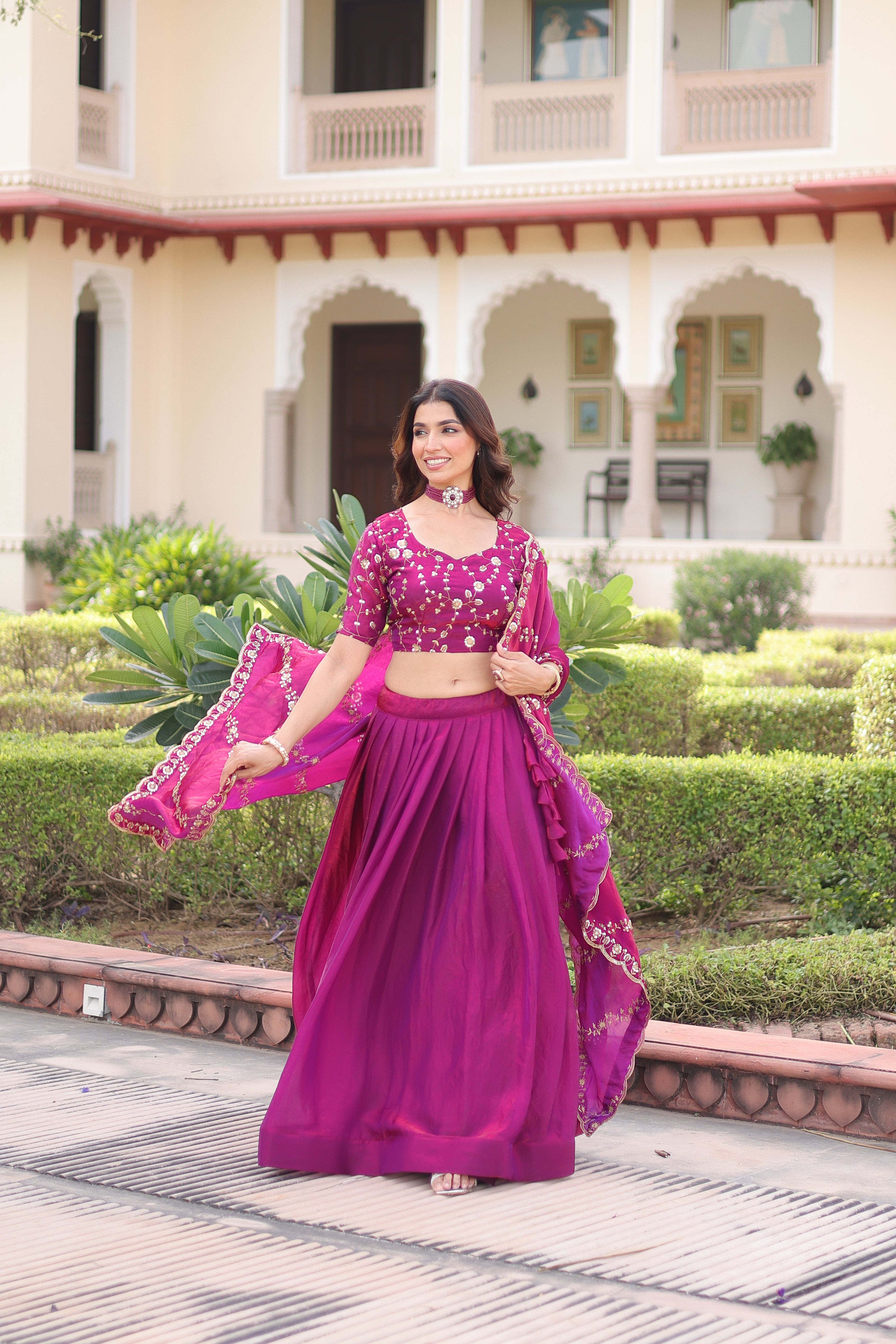 Ayni Magenta Color Fendi Silk Heavy Sequins Thread Embroidered work Lehenga Choli