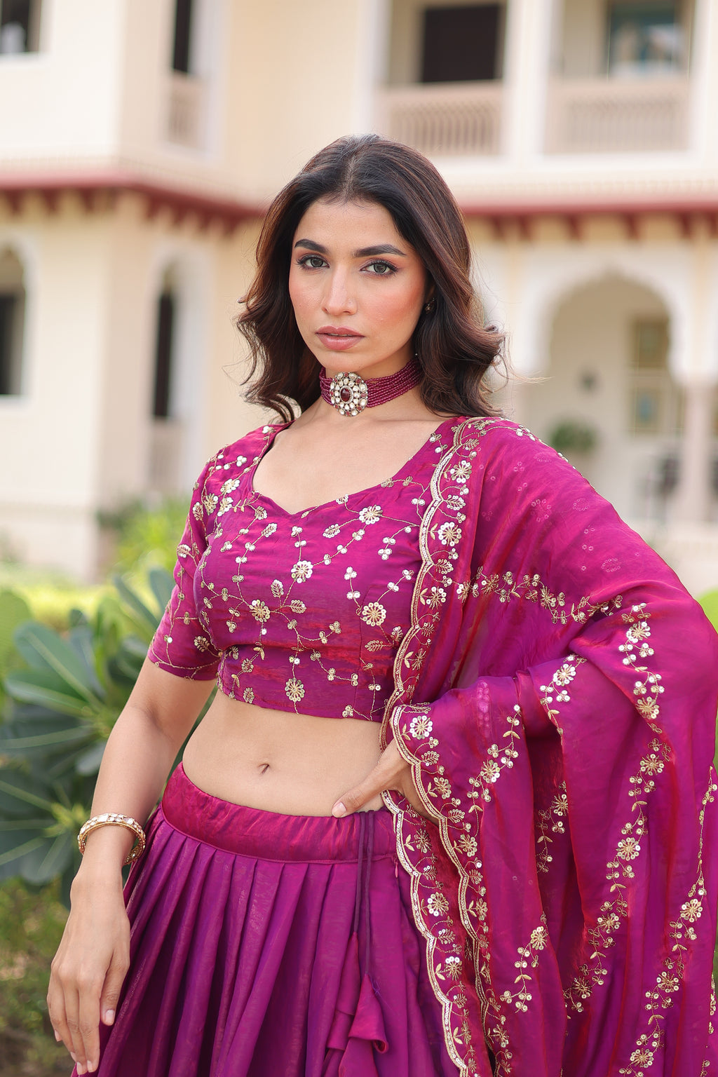 Ayni Magenta Color Fendi Silk Heavy Sequins Thread Embroidered work Lehenga Choli