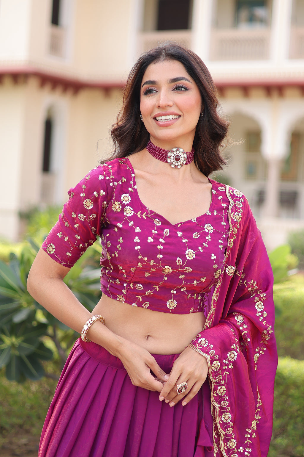 Ayni Magenta Color Fendi Silk Heavy Sequins Thread Embroidered work Lehenga Choli