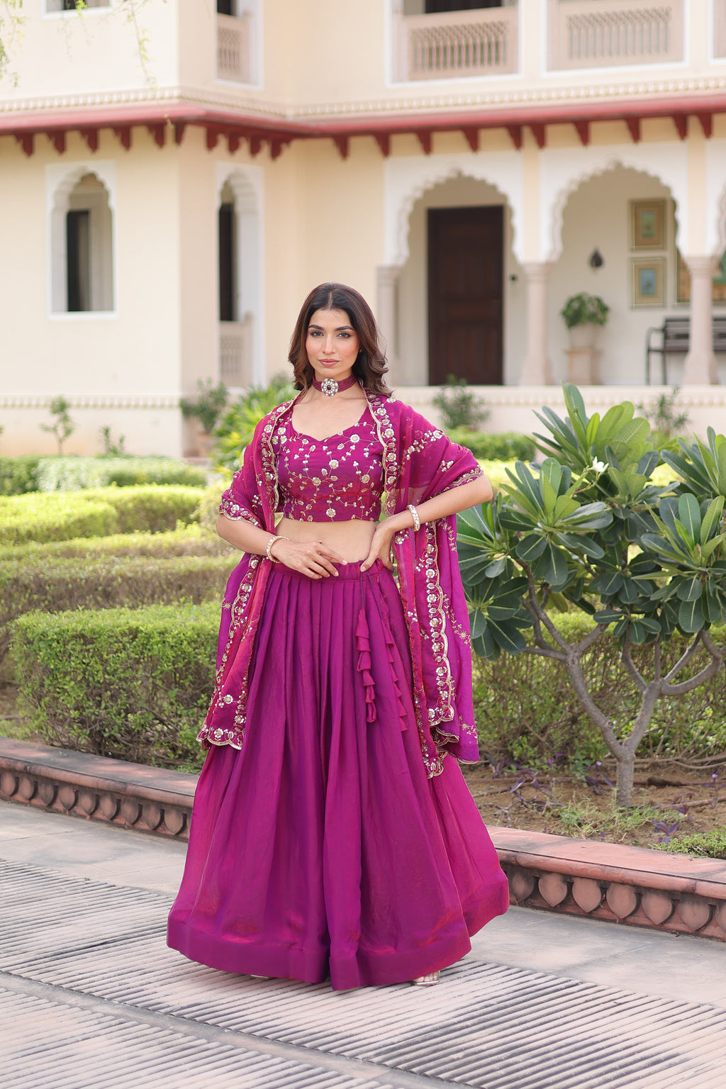 Ayni Magenta Color Fendi Silk Heavy Sequins Thread Embroidered work Lehenga Choli