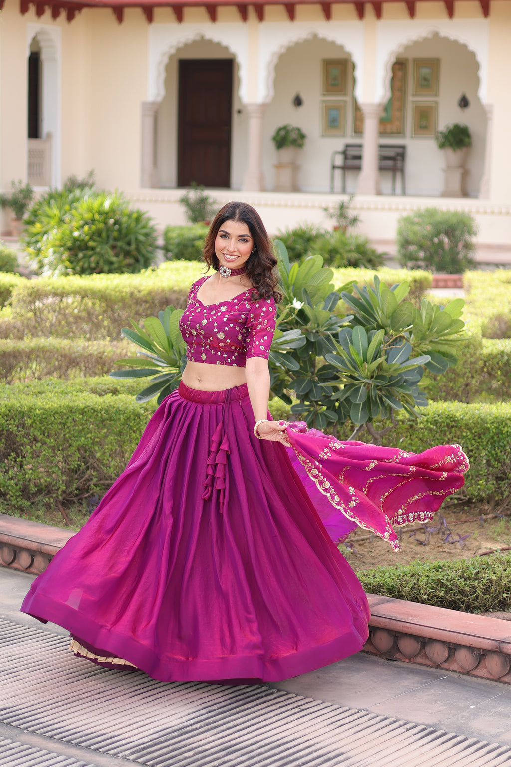 Ayni Magenta Color Fendi Silk Heavy Sequins Thread Embroidered work Lehenga Choli