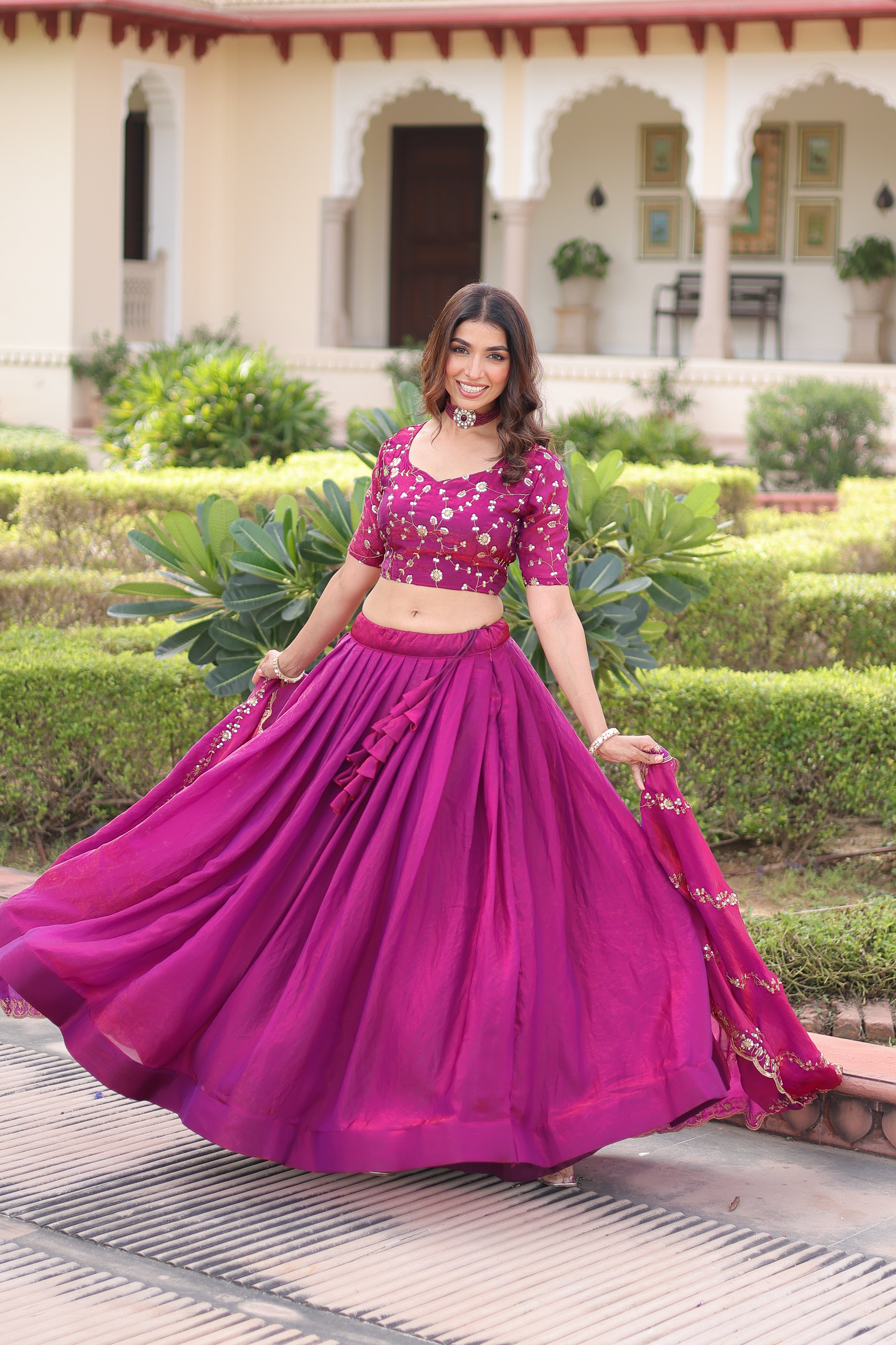 Ayni Magenta Color Fendi Silk Heavy Sequins Thread Embroidered work Lehenga Choli