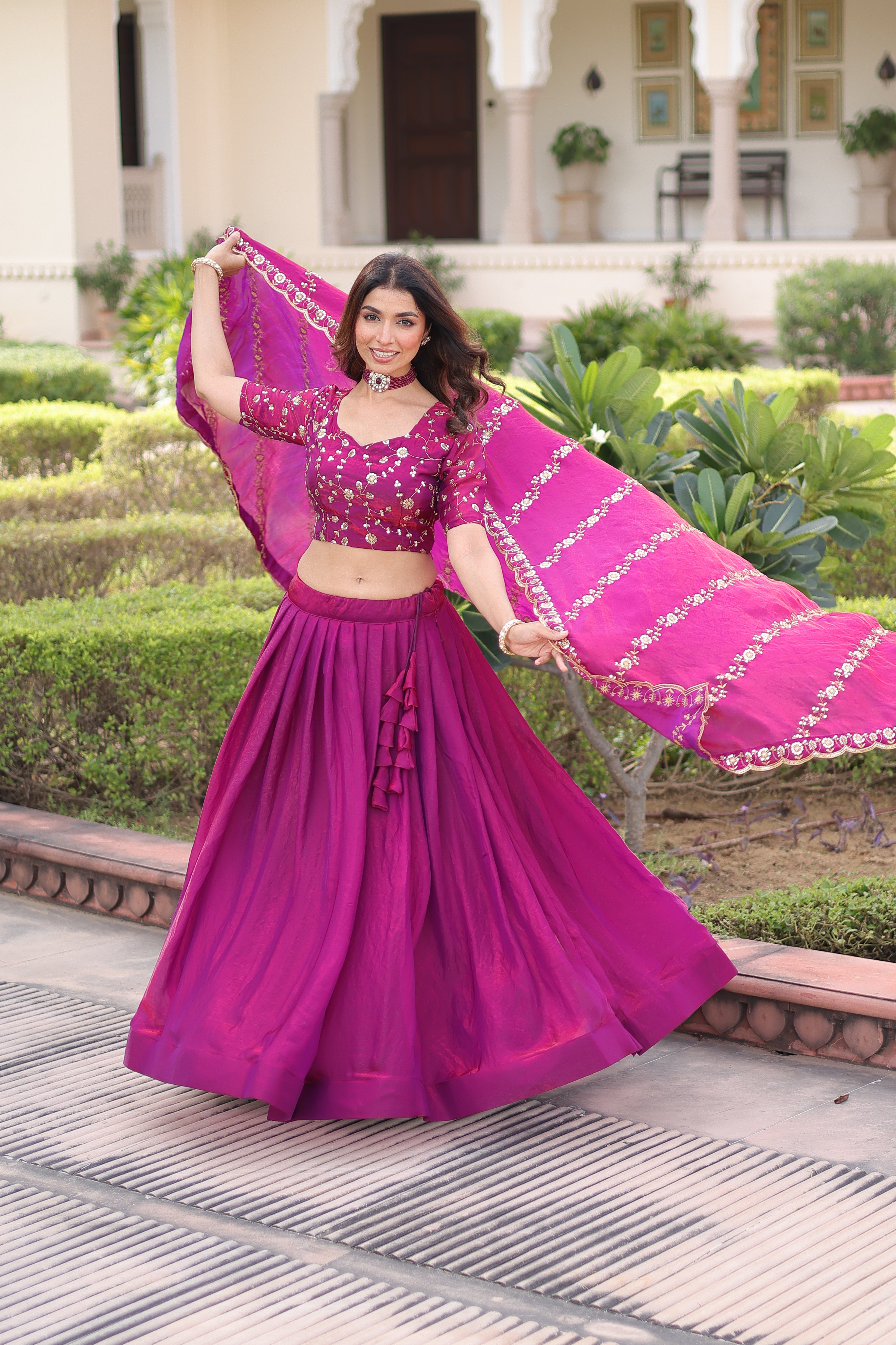 Ayni Magenta Color Fendi Silk Heavy Sequins Thread Embroidered work Lehenga Choli