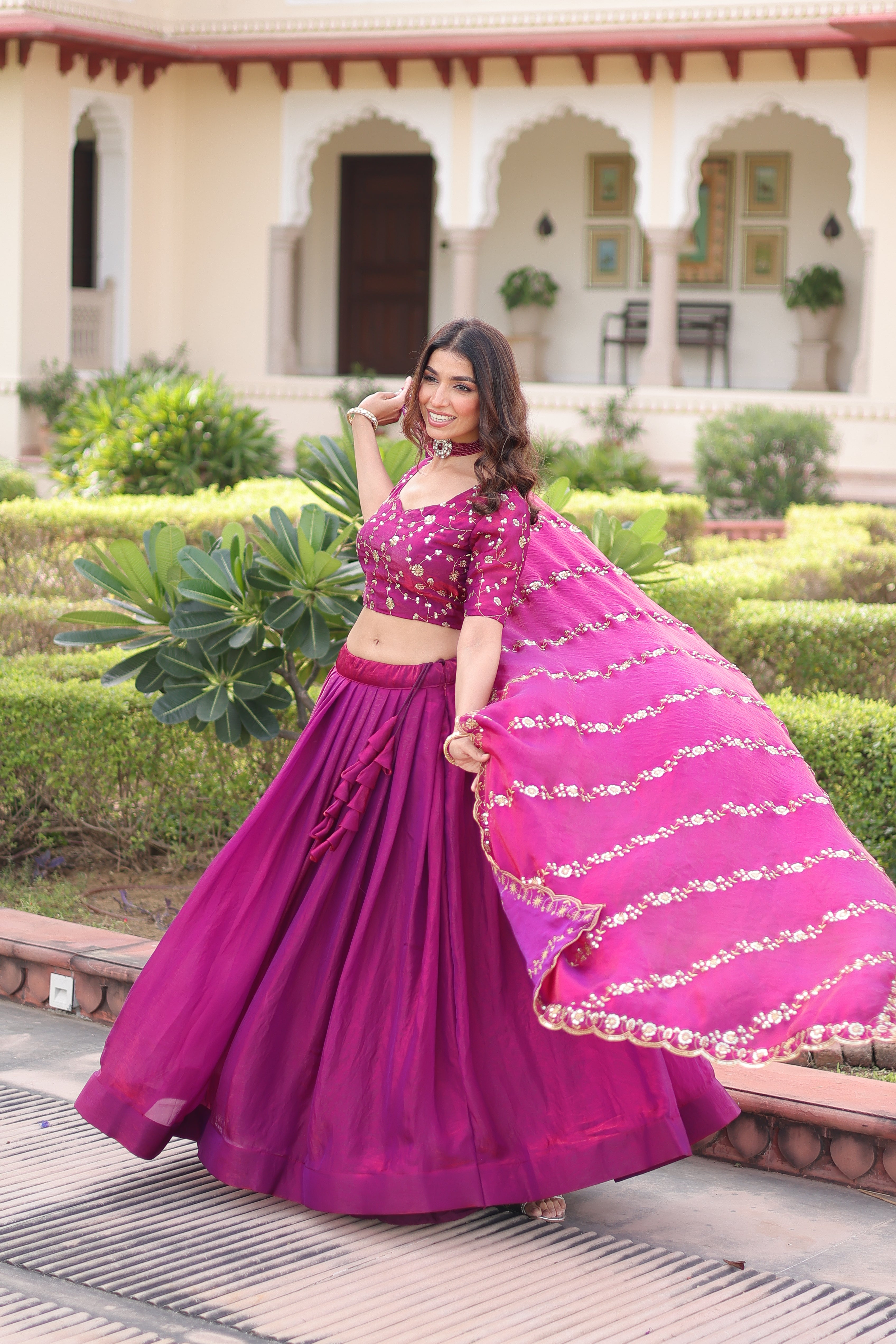 Ayni Magenta Color Fendi Silk Heavy Sequins Thread Embroidered work Lehenga Choli