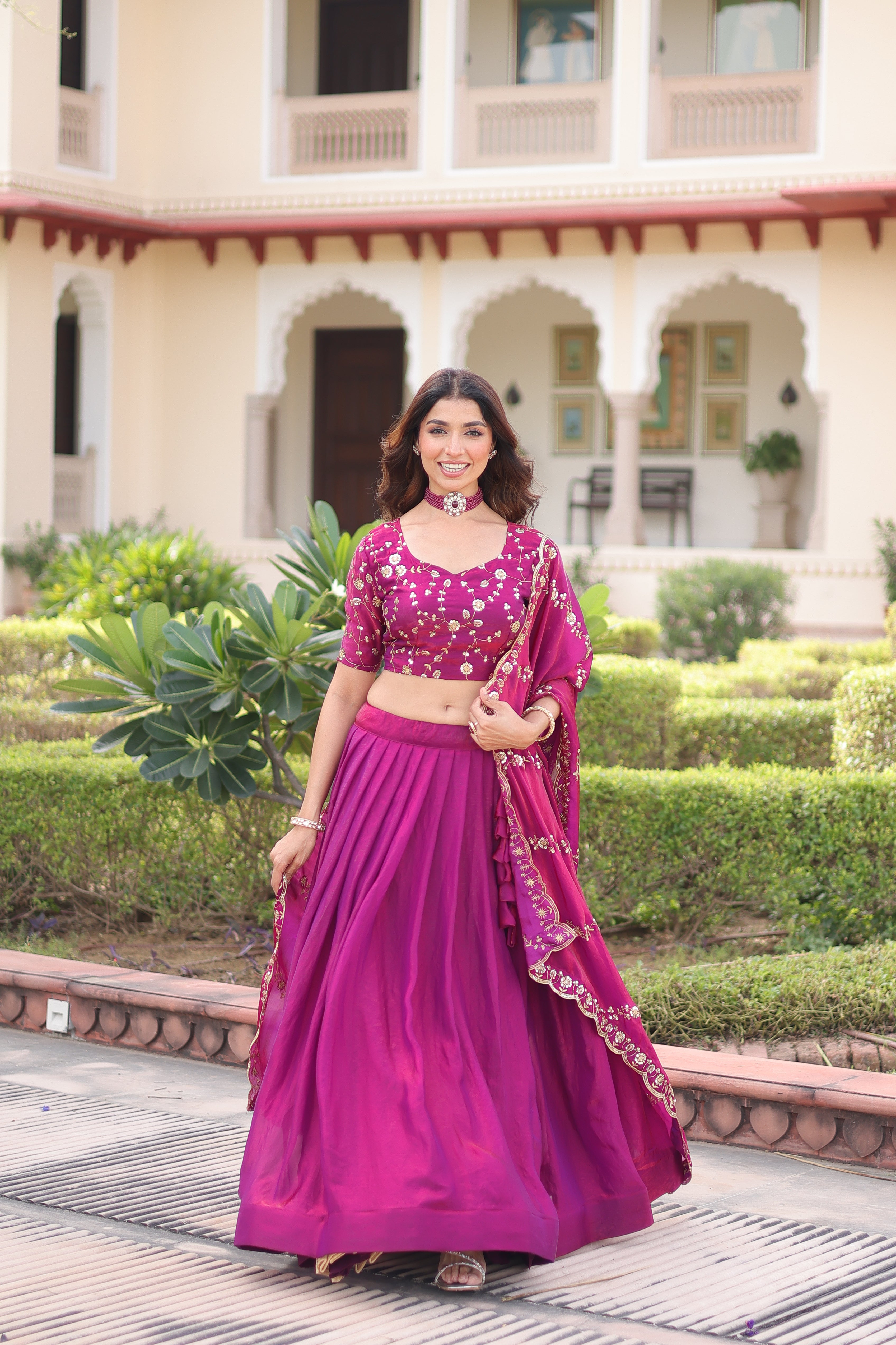 Ayni Magenta Color Fendi Silk Heavy Sequins Thread Embroidered work Lehenga Choli