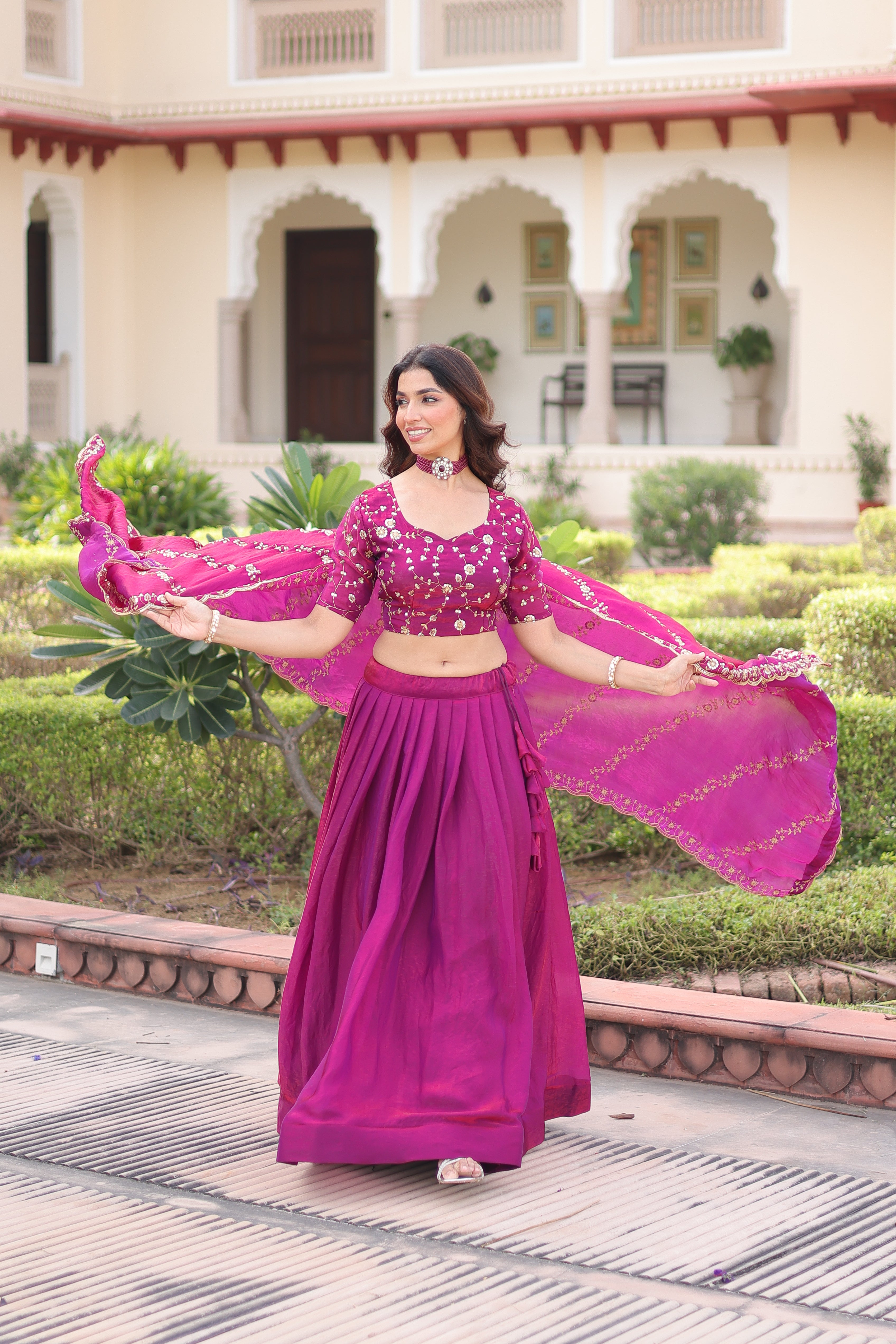 Ayni Magenta Color Fendi Silk Heavy Sequins Thread Embroidered work Lehenga Choli