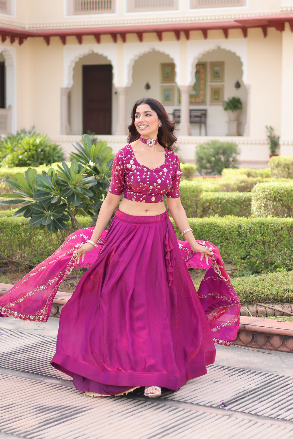 Ayni Magenta Color Fendi Silk Heavy Sequins Thread Embroidered work Lehenga Choli