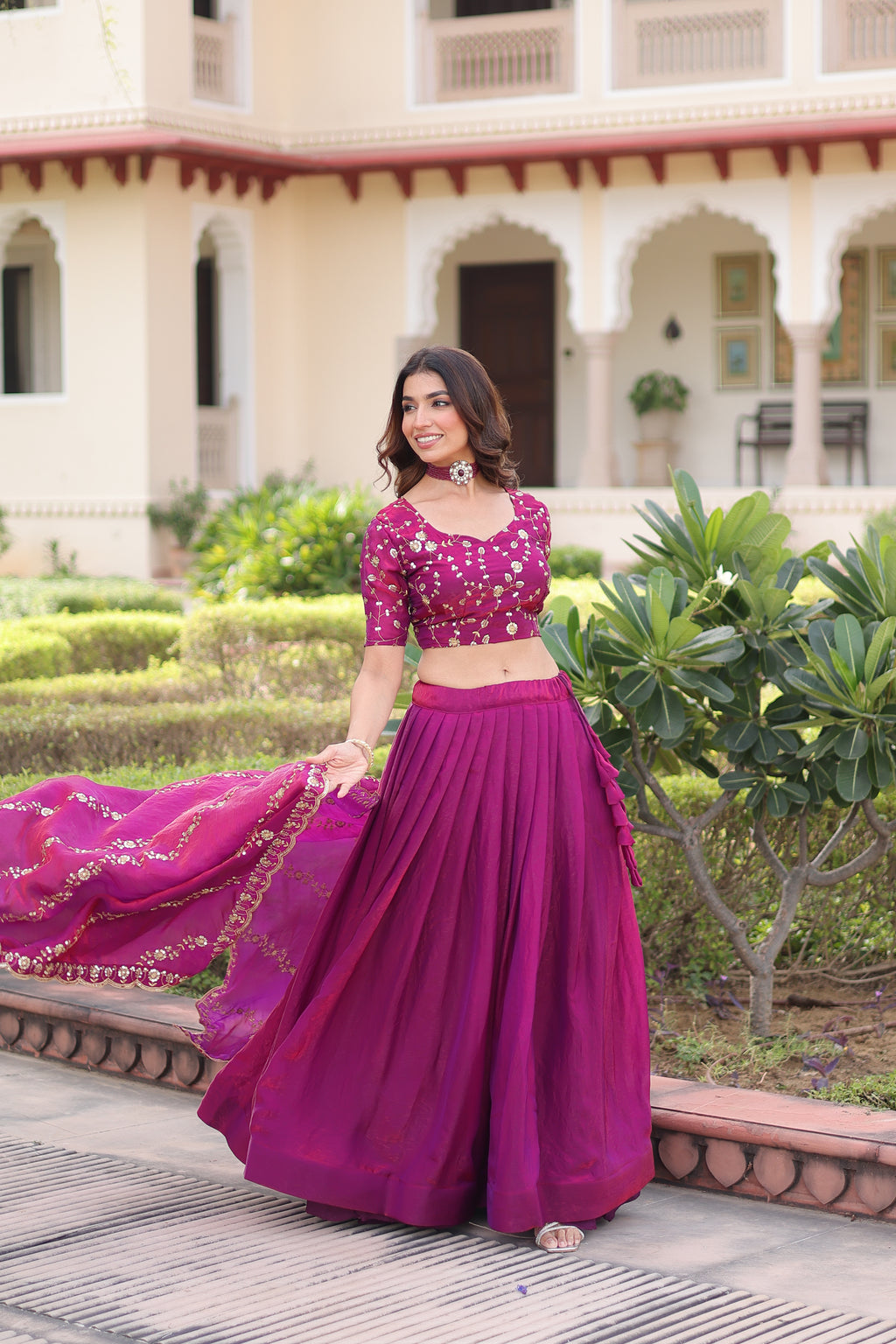 Ayni Magenta Color Fendi Silk Heavy Sequins Thread Embroidered work Lehenga Choli