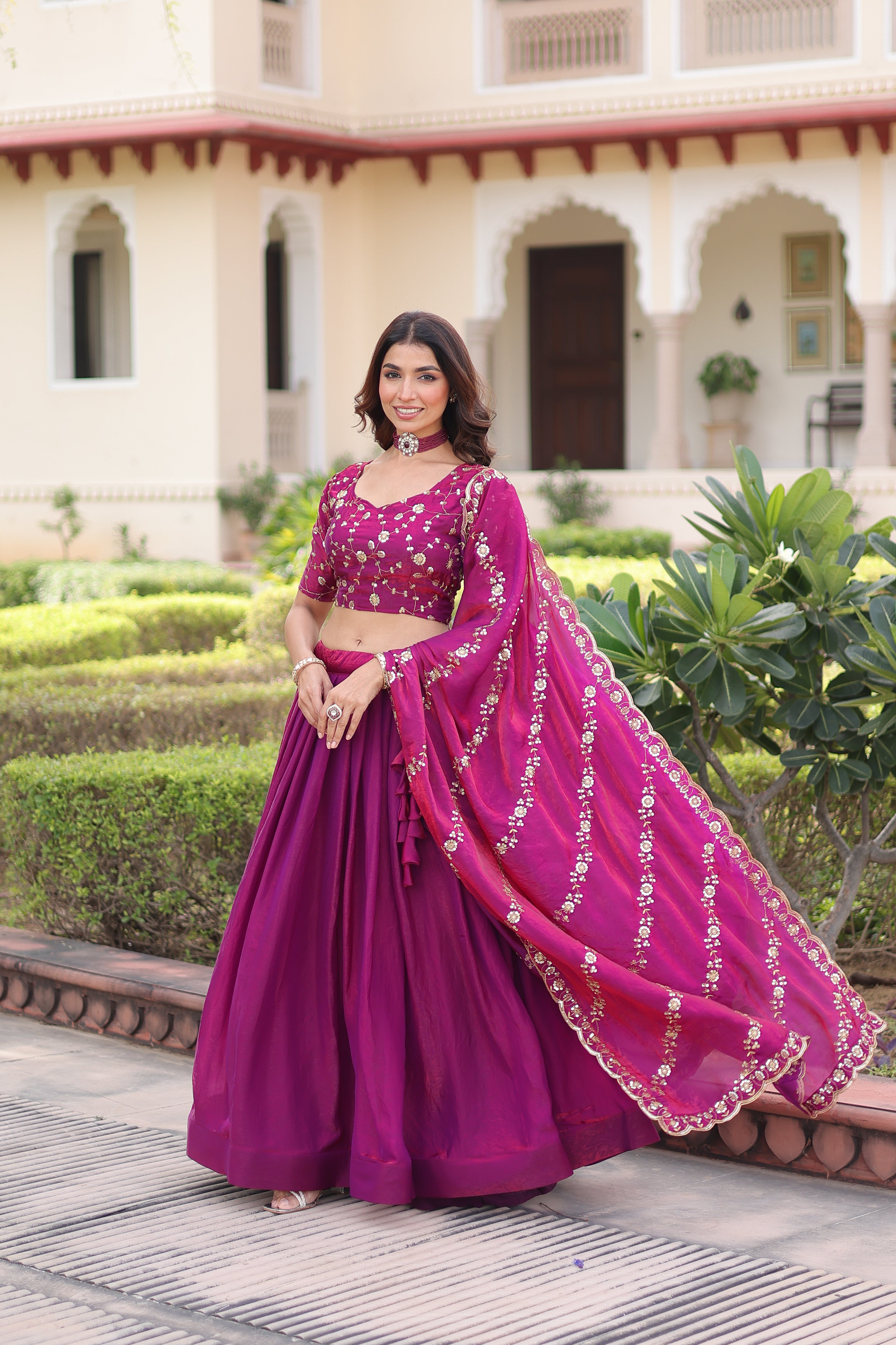 Ayni Magenta Color Fendi Silk Heavy Sequins Thread Embroidered work Lehenga Choli