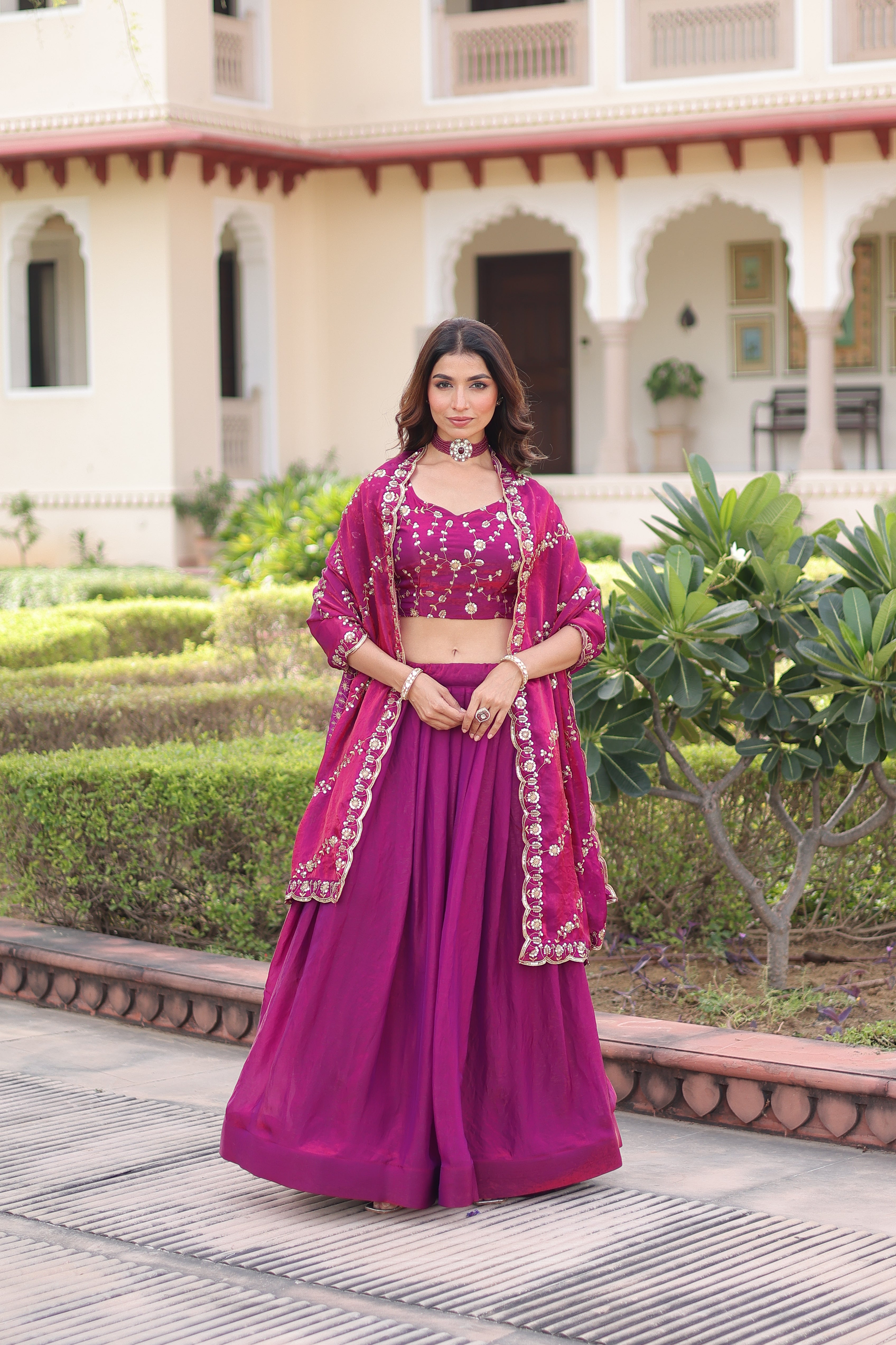 Ayni Magenta Color Fendi Silk Heavy Sequins Thread Embroidered work Lehenga Choli
