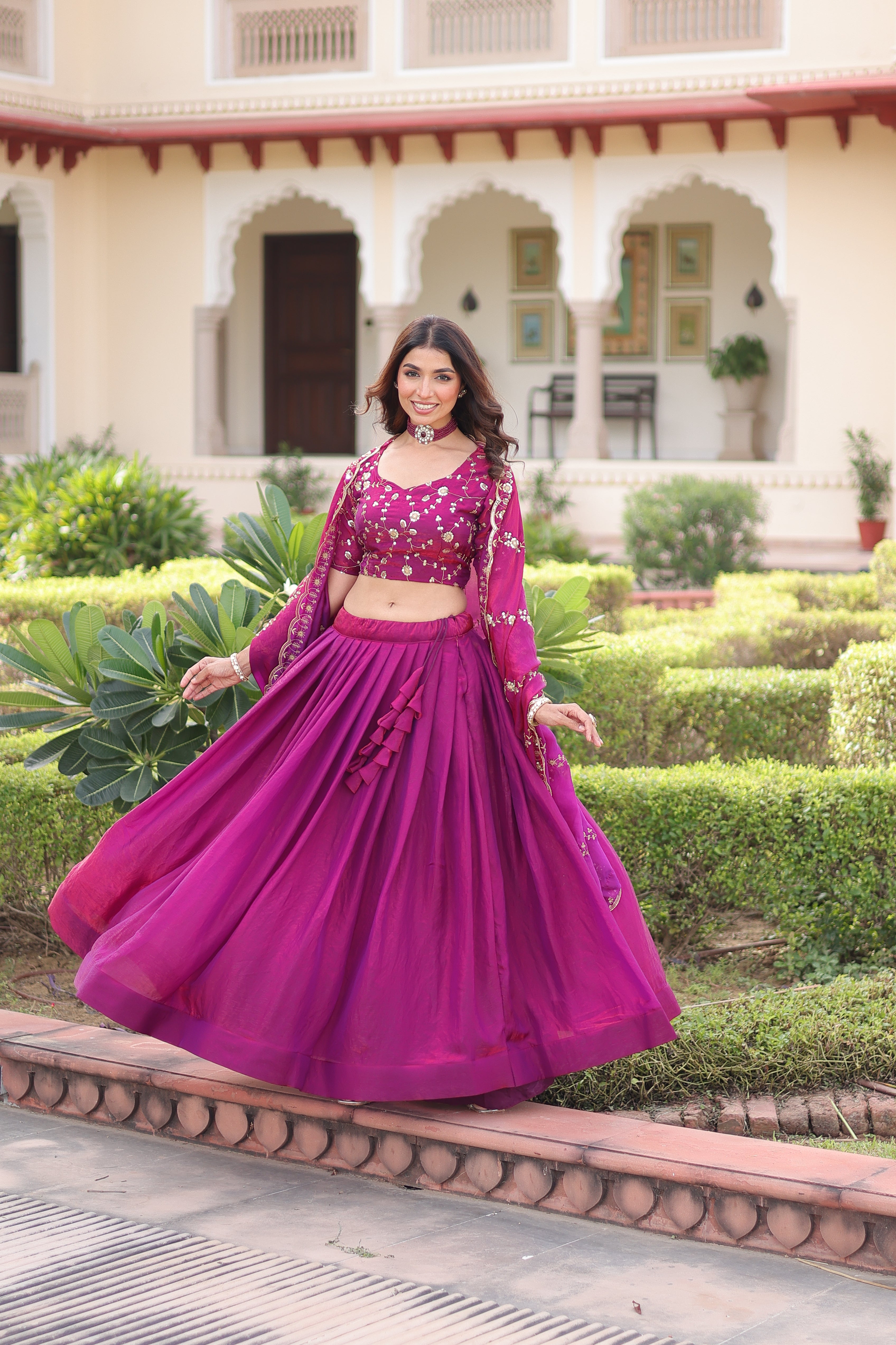 Ayni Magenta Color Fendi Silk Heavy Sequins Thread Embroidered work Lehenga Choli