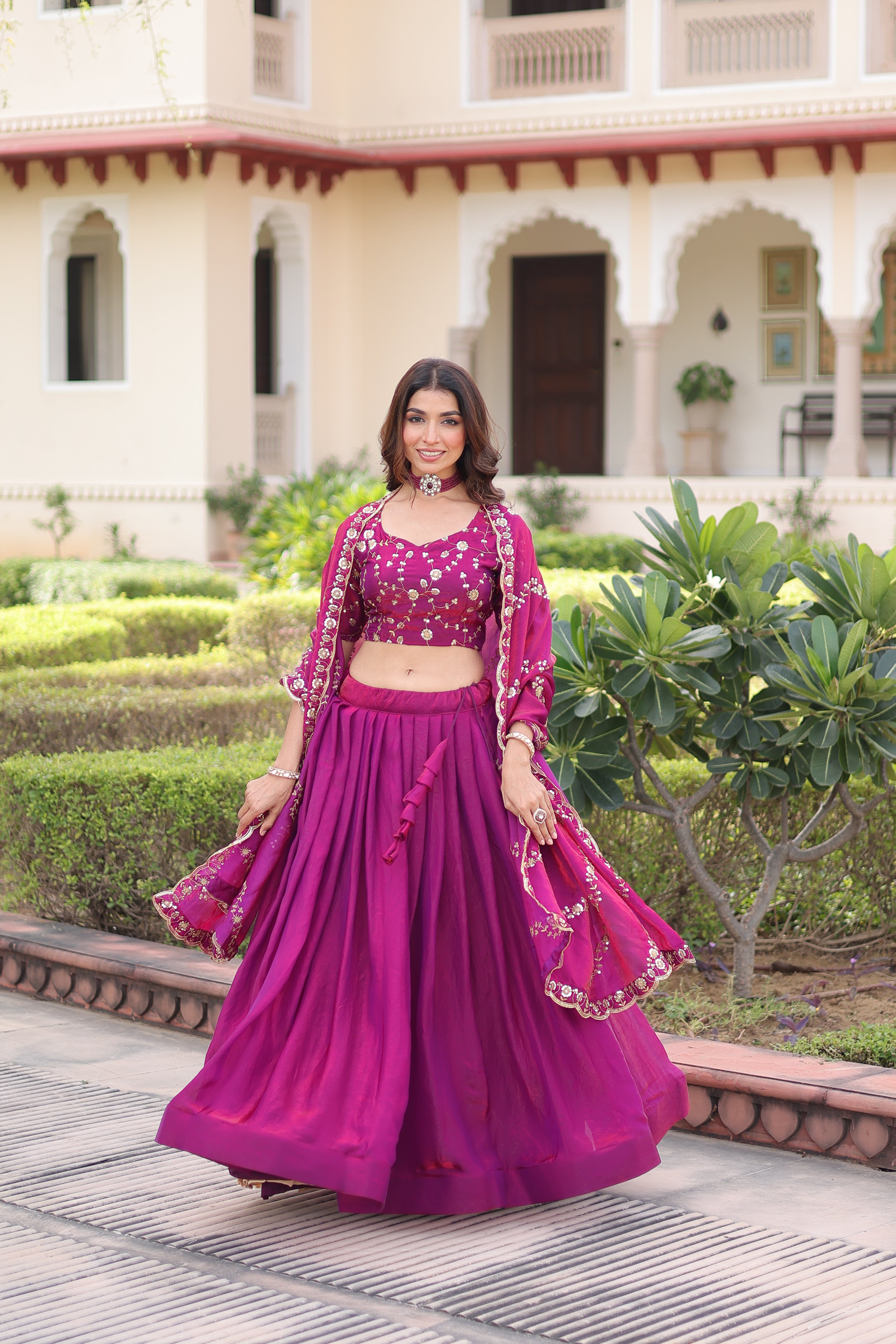 Ayni Magenta Color Fendi Silk Heavy Sequins Thread Embroidered work Lehenga Choli