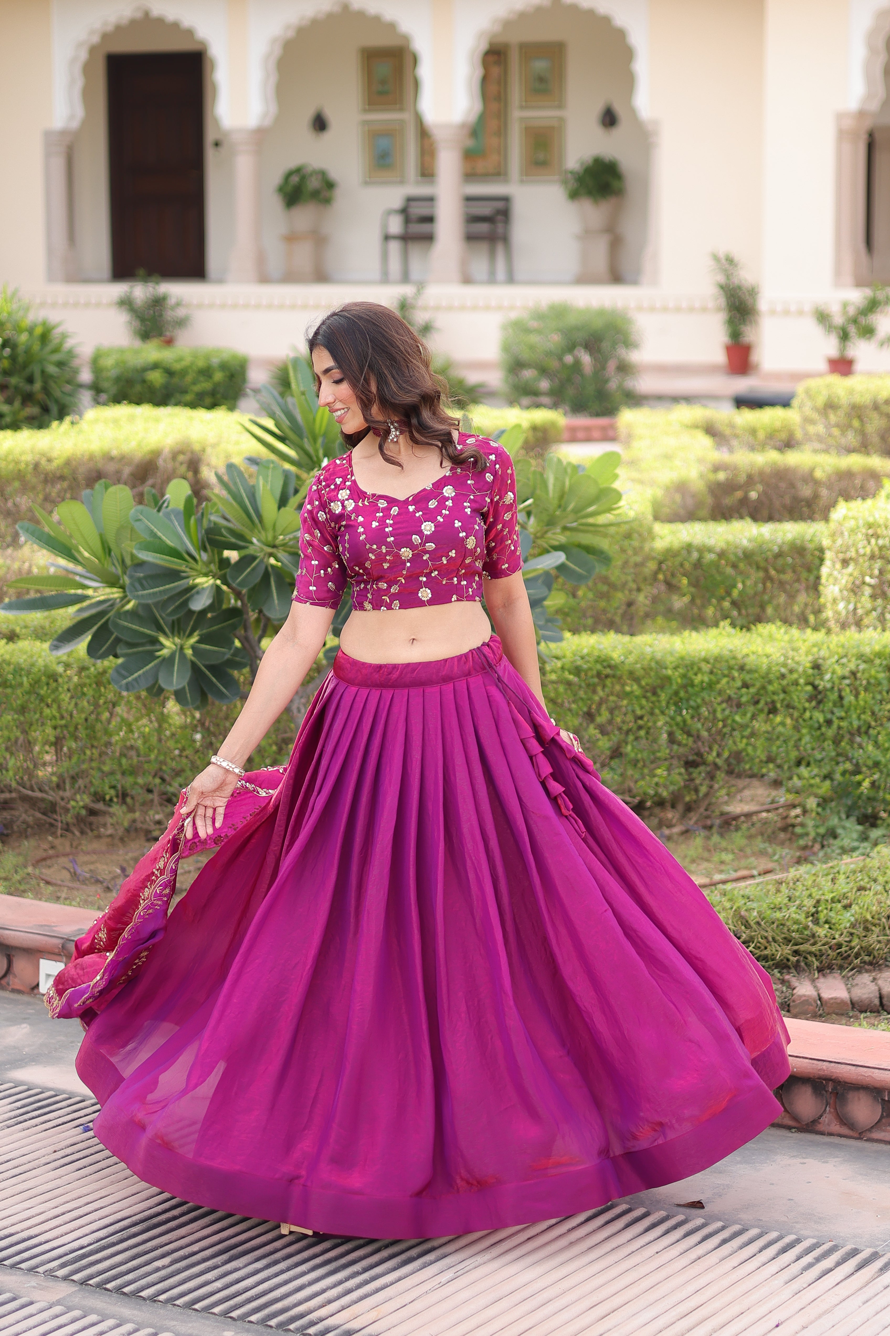 Ayni Magenta Color Fendi Silk Heavy Sequins Thread Embroidered work Lehenga Choli