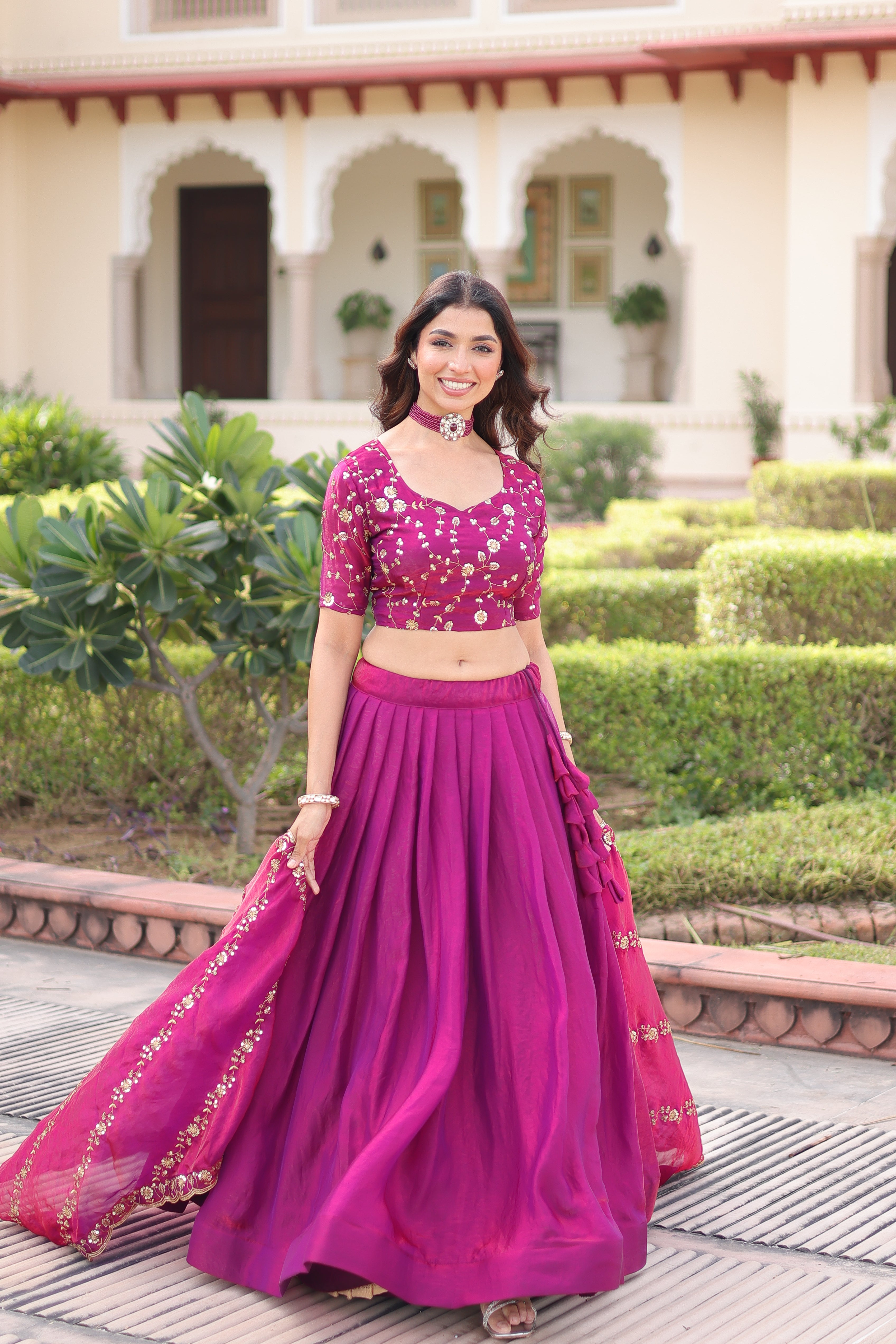 Ayni Magenta Color Fendi Silk Heavy Sequins Thread Embroidered work Lehenga Choli
