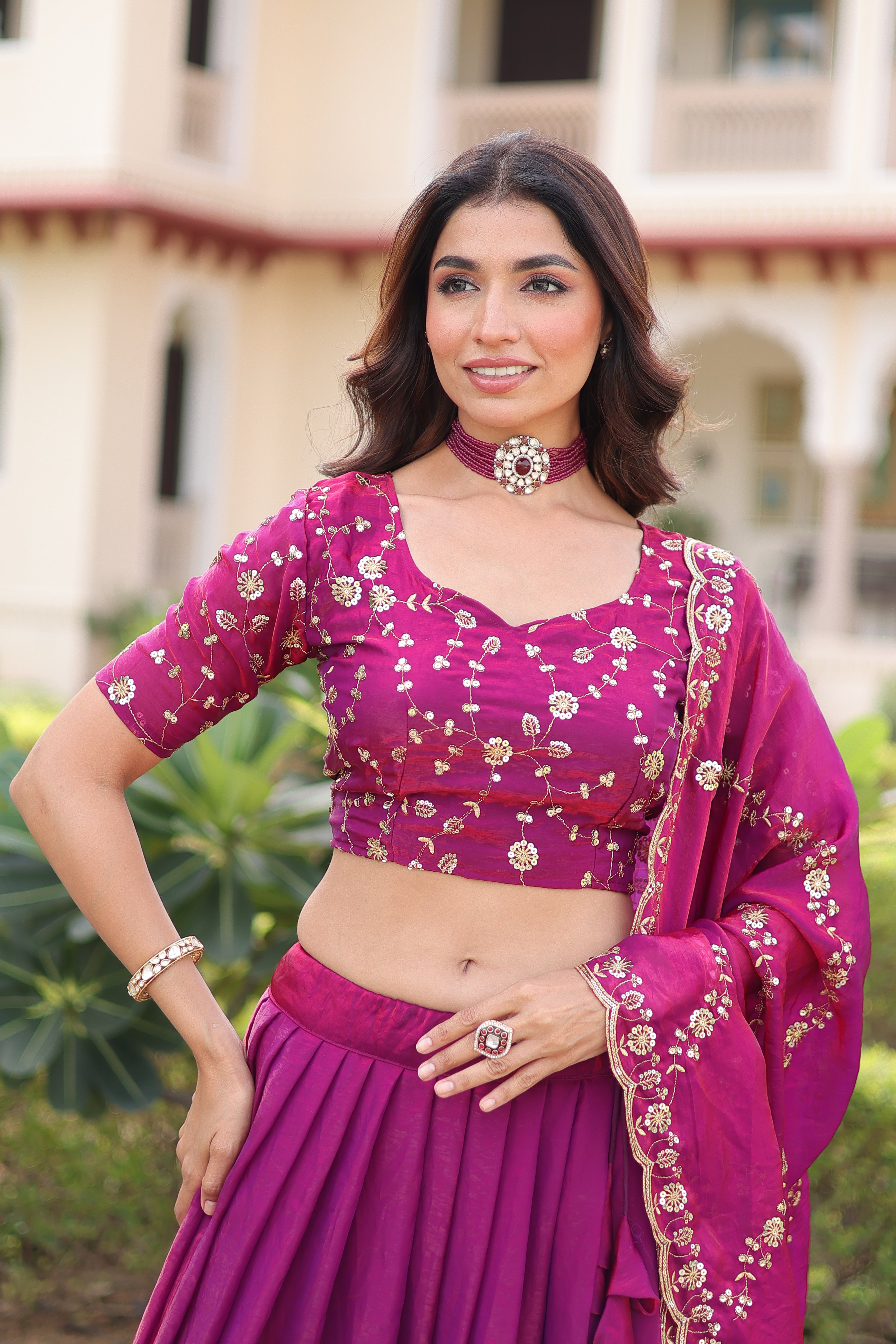 Ayni Magenta Color Fendi Silk Heavy Sequins Thread Embroidered work Lehenga Choli