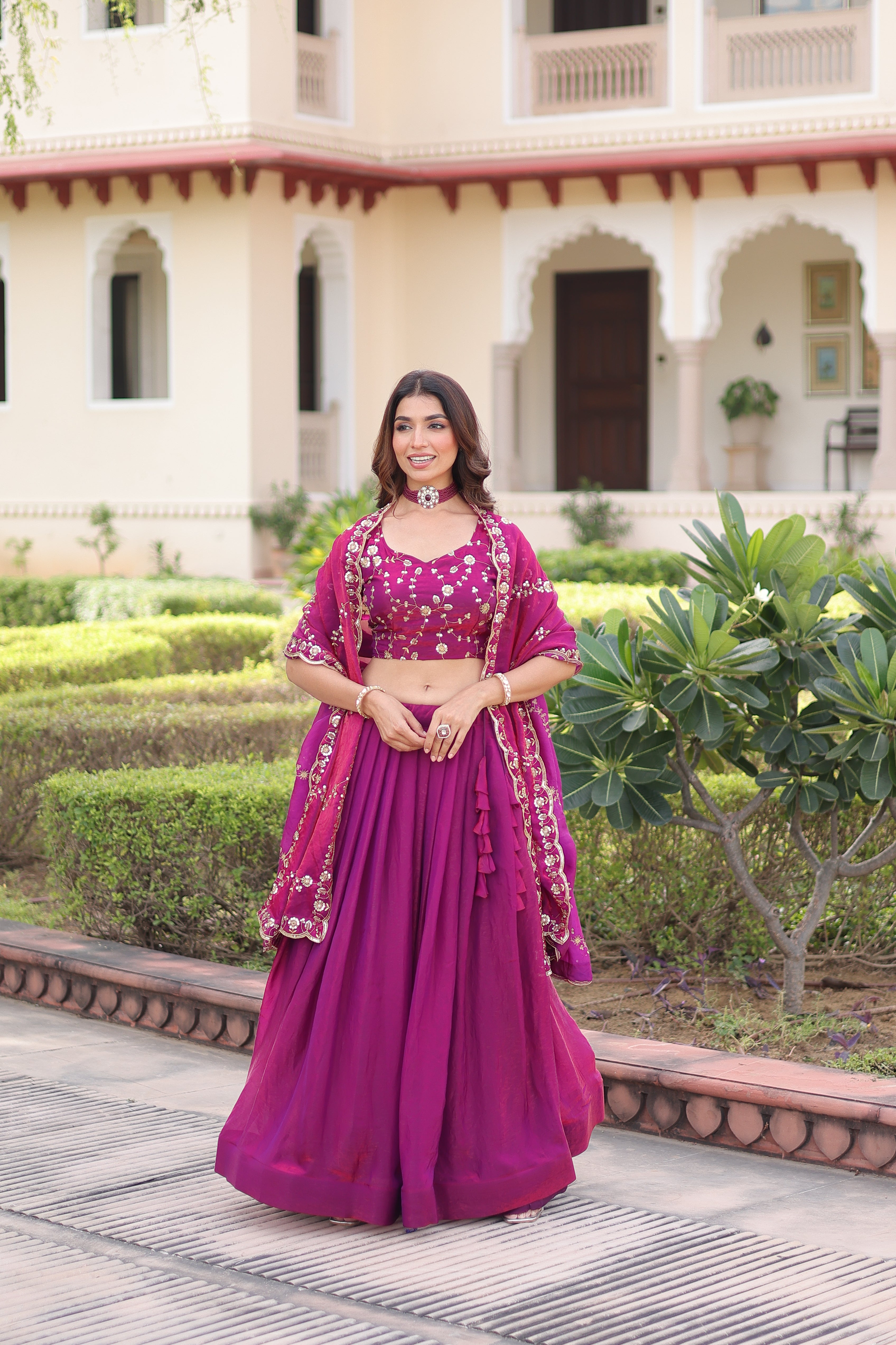 Ayni Magenta Color Fendi Silk Heavy Sequins Thread Embroidered work Lehenga Choli