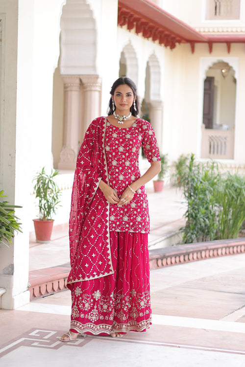 Aysa pink faux georgette kurti sharara set with rich sequins embroidery