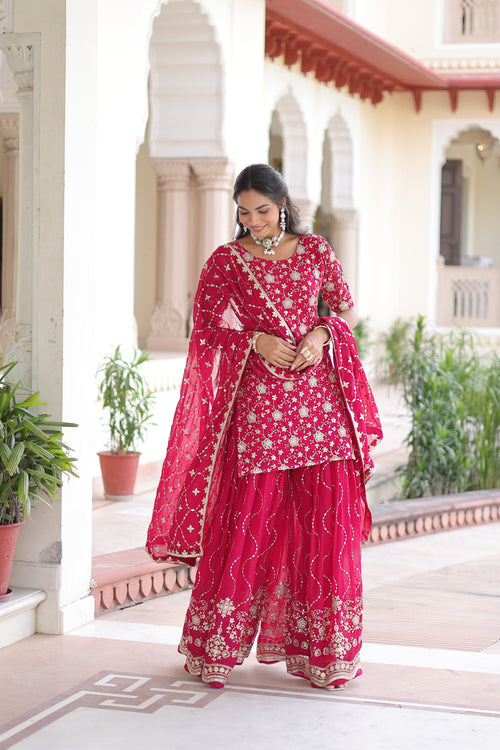 Aysa pink faux georgette kurti sharara set with rich sequins embroidery