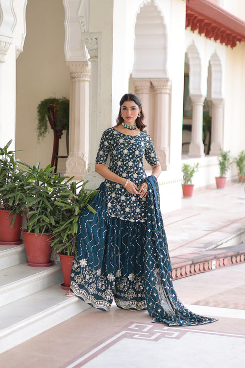 Aysa teal blue faux georgette kurti sharara set with rich sequins embroidery