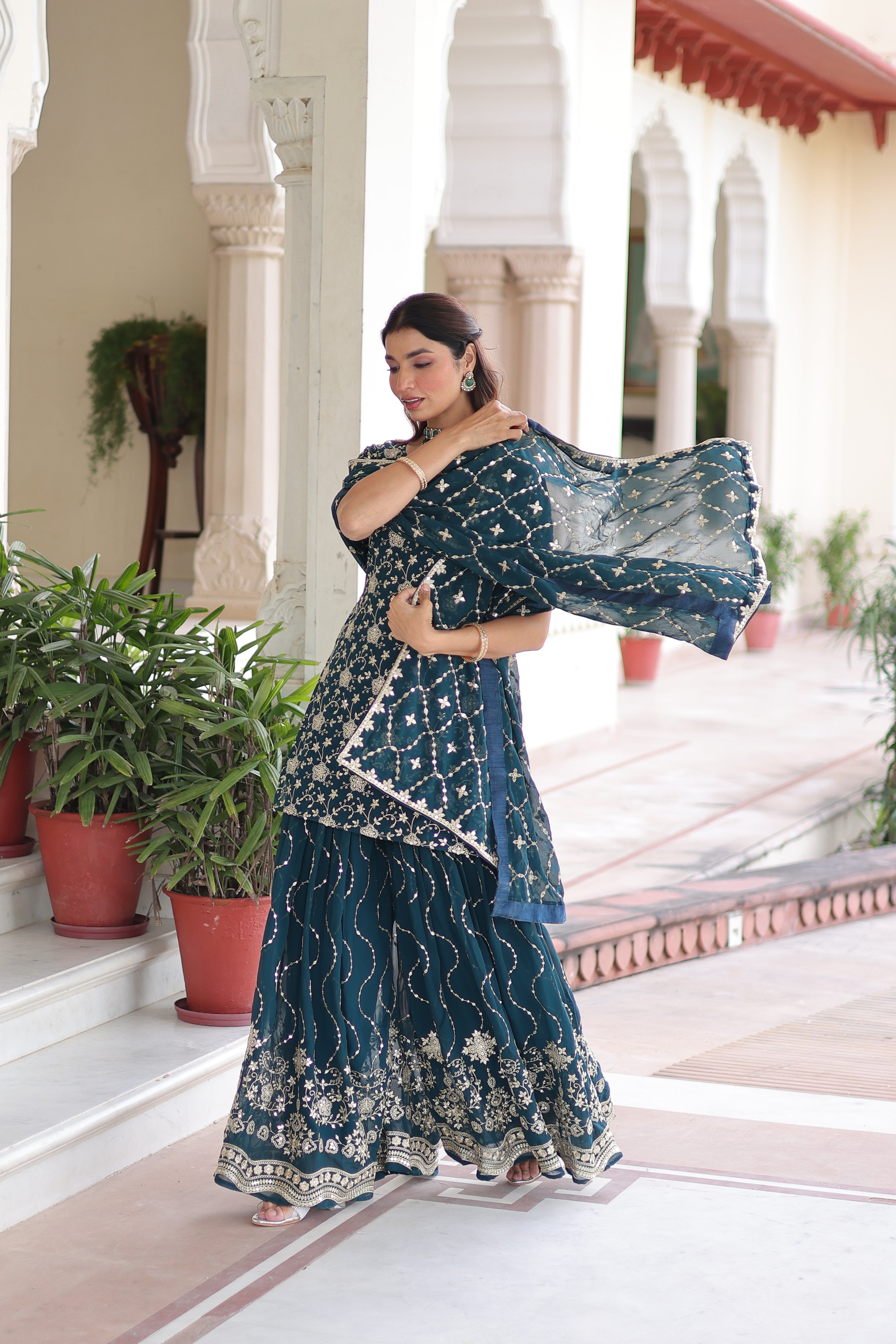 Aysa Teal Blue Faux Georgette Rich Sequins Embroidered Kurti Sharara Set