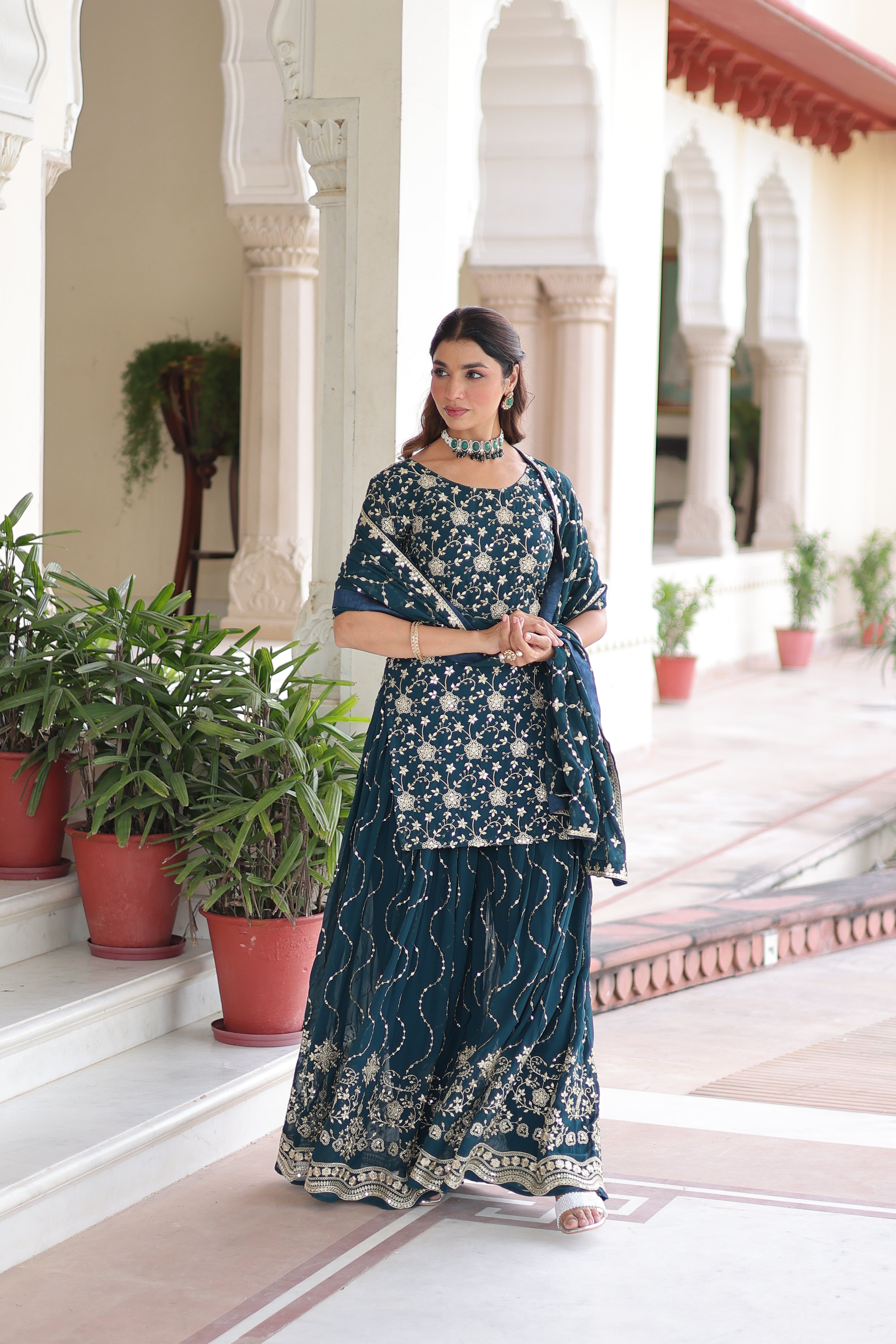 Aysa Teal Blue Faux Georgette Rich Sequins Embroidered Kurti Sharara Set