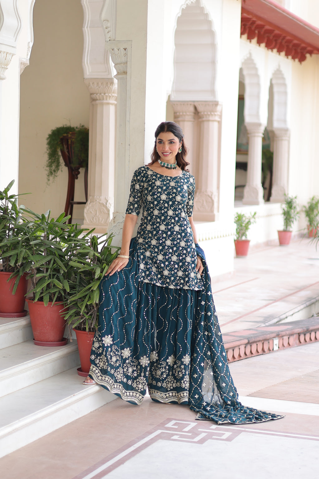 Aysa Teal Blue Faux Georgette Rich Sequins Embroidered Kurti Sharara Set
