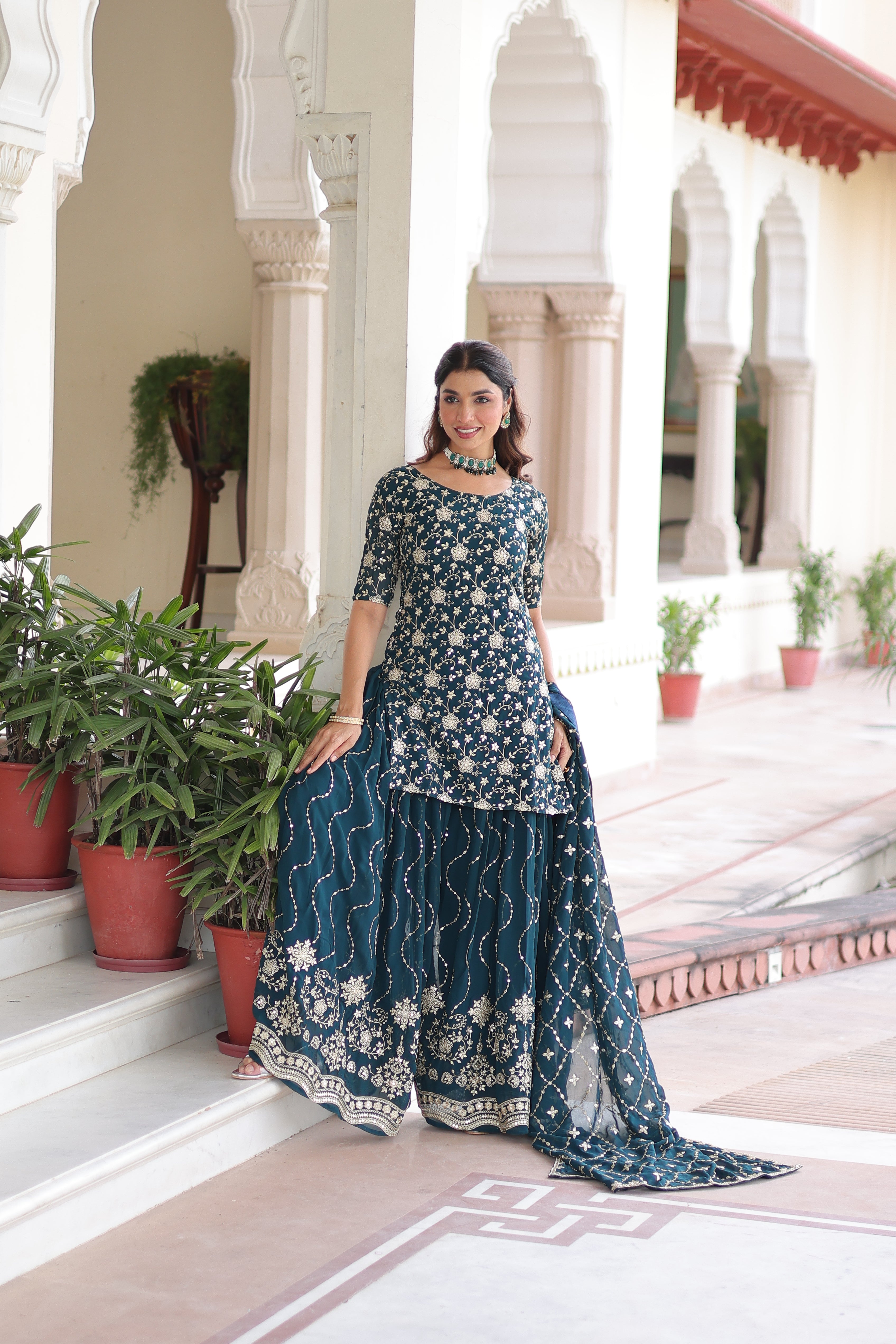 Aysa Teal Blue Faux Georgette Rich Sequins Embroidered Kurti Sharara Set