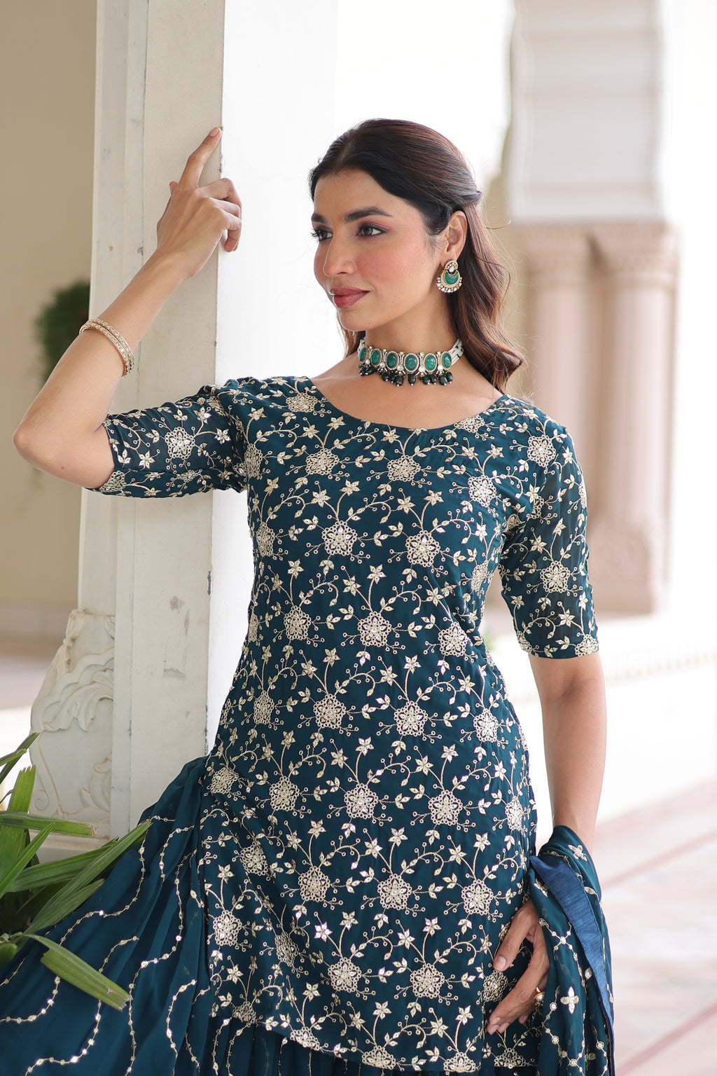 Aysa Teal Blue Faux Georgette Rich Sequins Embroidered Kurti Sharara Set