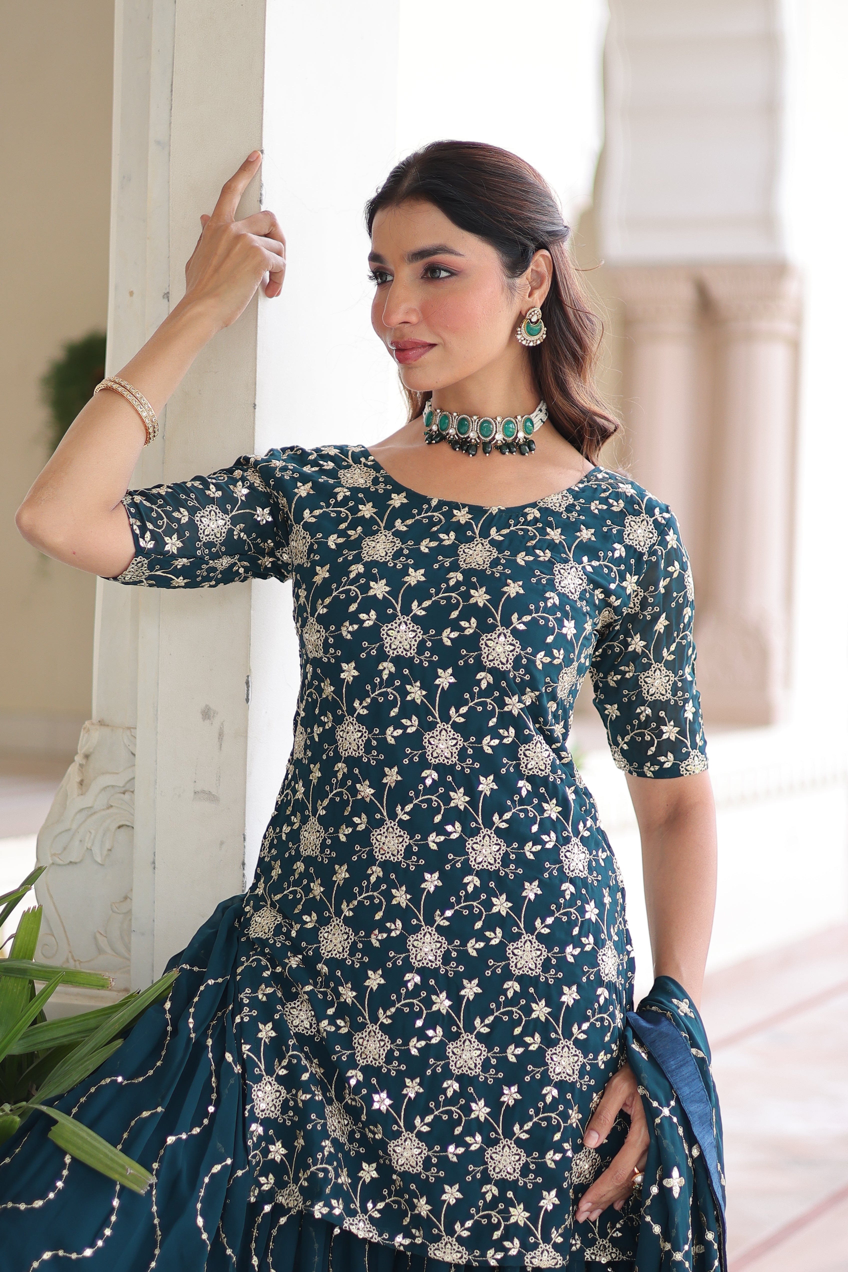 Aysa Teal Blue Faux Georgette Rich Sequins Embroidered Kurti Sharara Set