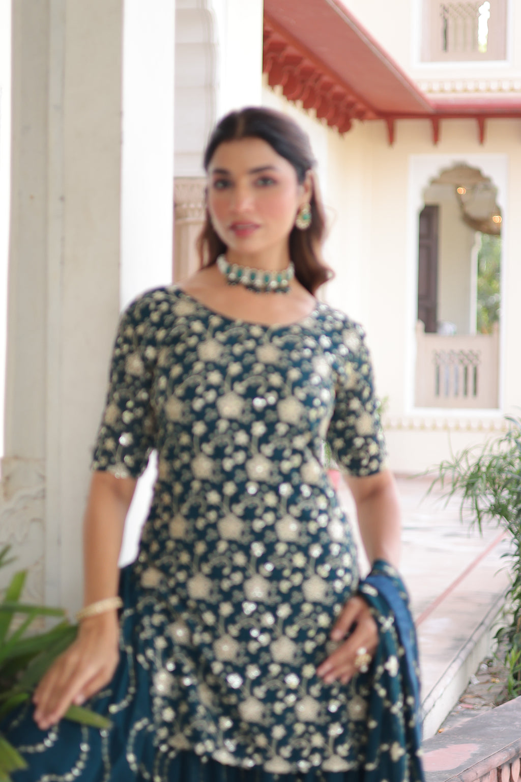 Aysa Teal Blue Faux Georgette Rich Sequins Embroidered Kurti Sharara Set