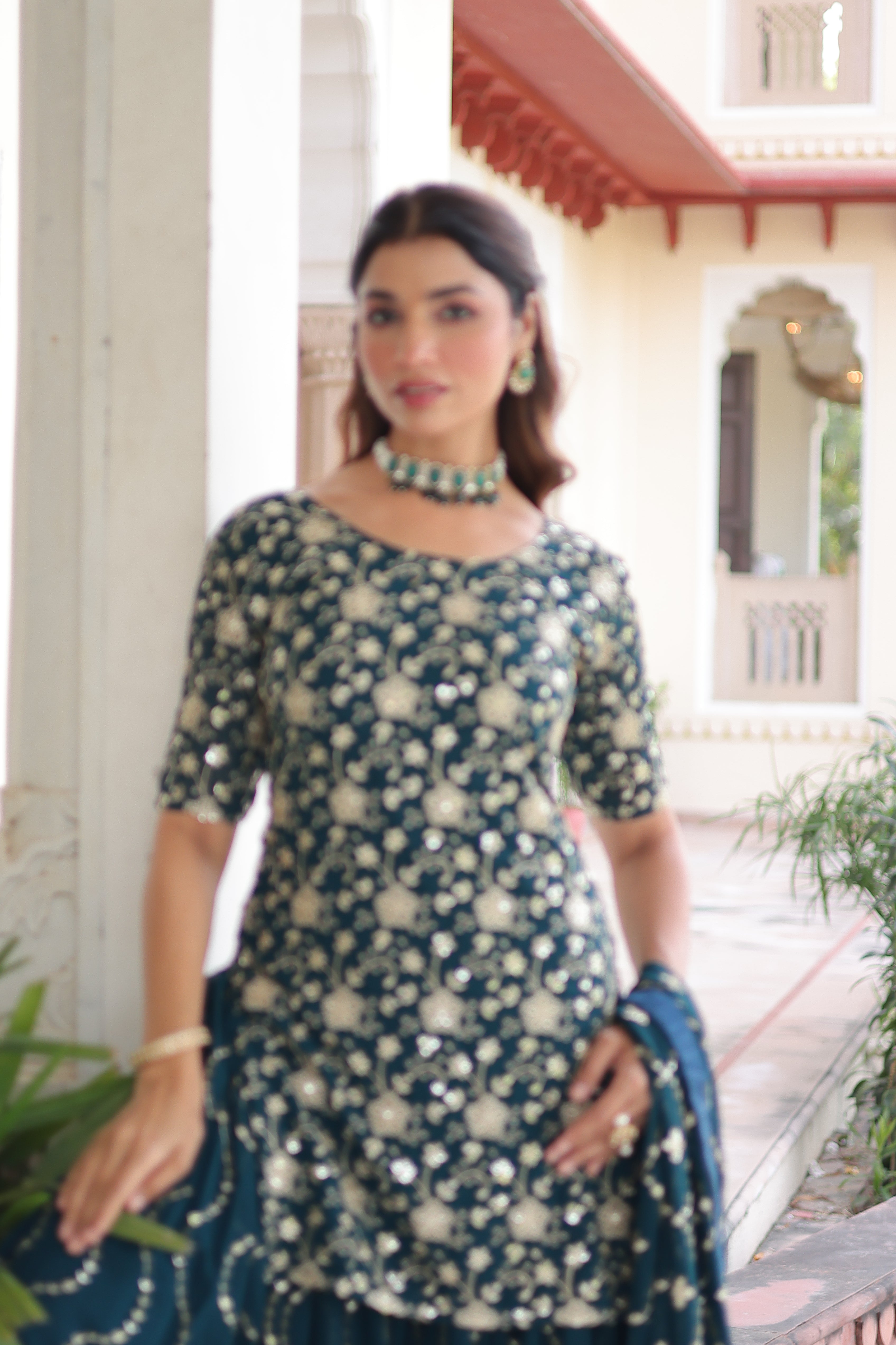 Aysa Teal Blue Faux Georgette Rich Sequins Embroidered Kurti Sharara Set