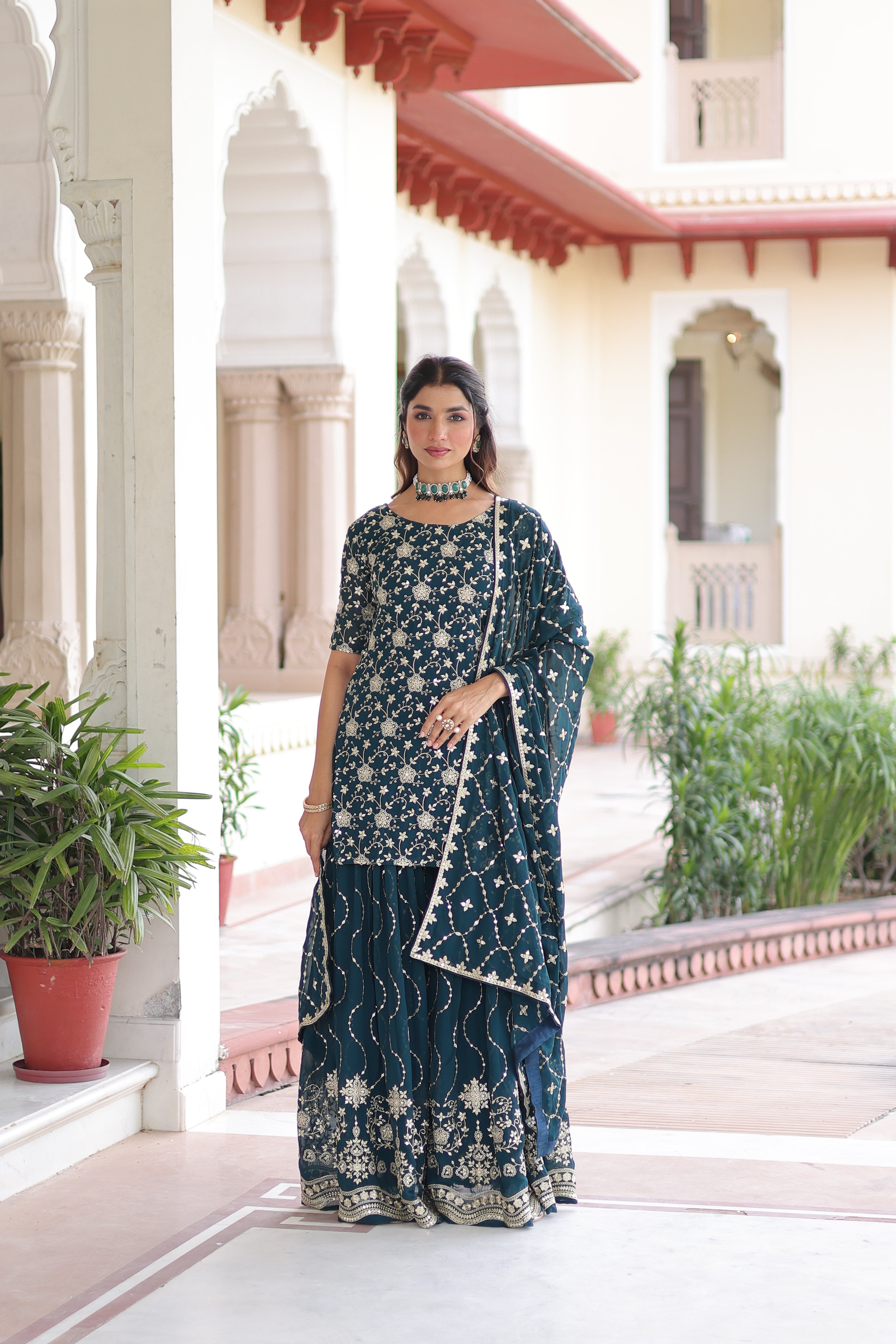 Aysa Teal Blue Faux Georgette Rich Sequins Embroidered Kurti Sharara Set