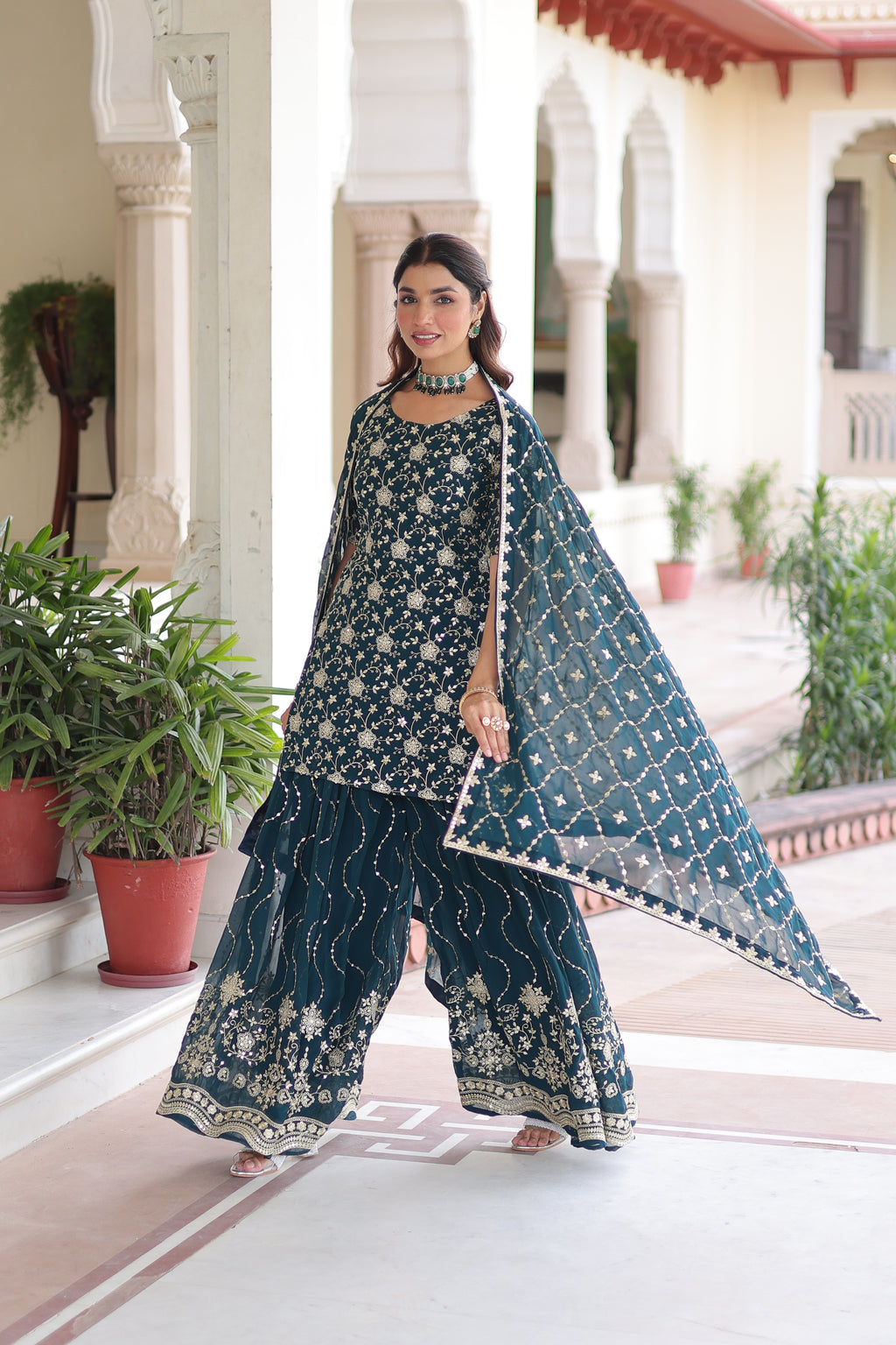 Aysa Teal Blue Faux Georgette Rich Sequins Embroidered Kurti Sharara Set