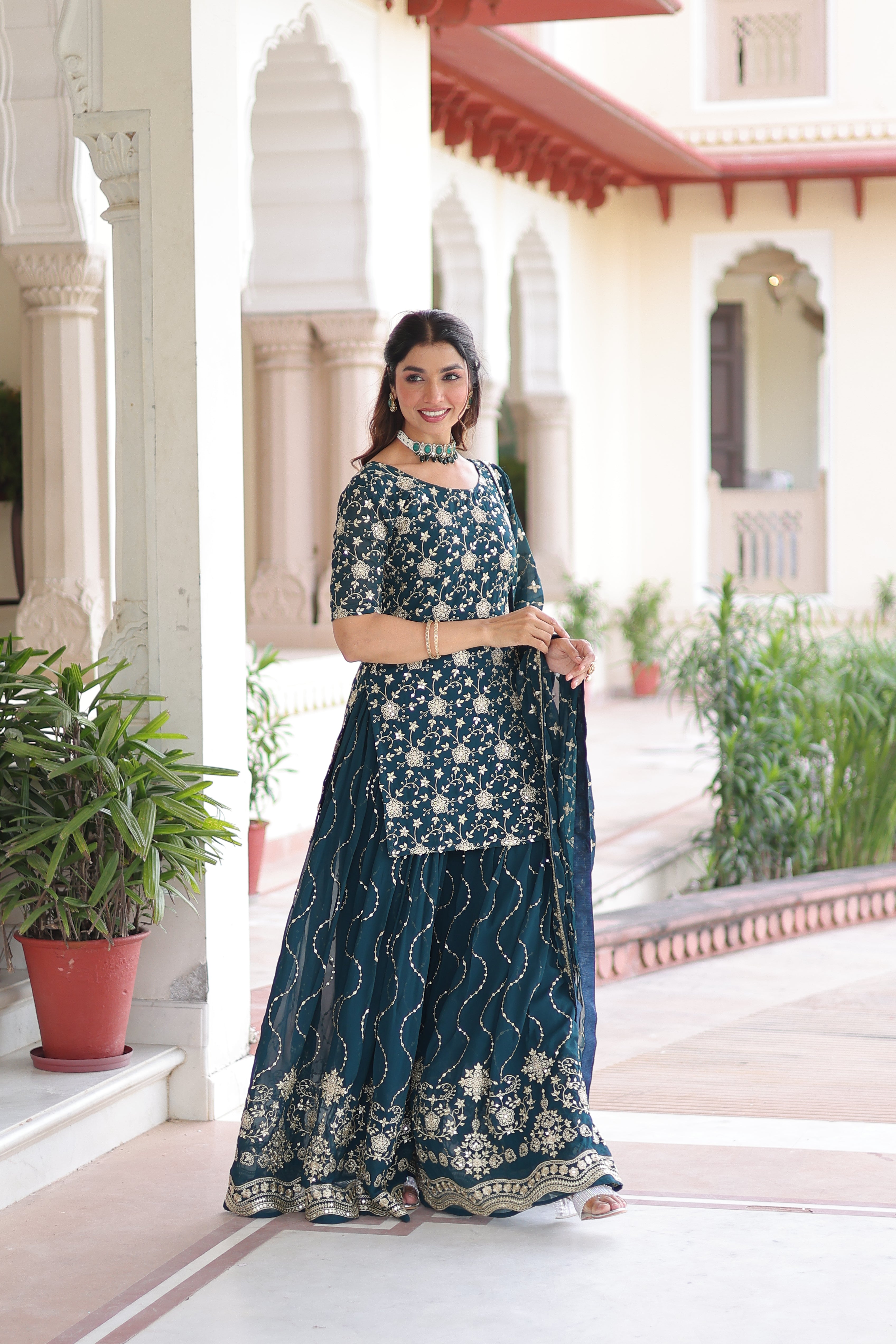 Aysa Teal Blue Faux Georgette Rich Sequins Embroidered Kurti Sharara Set