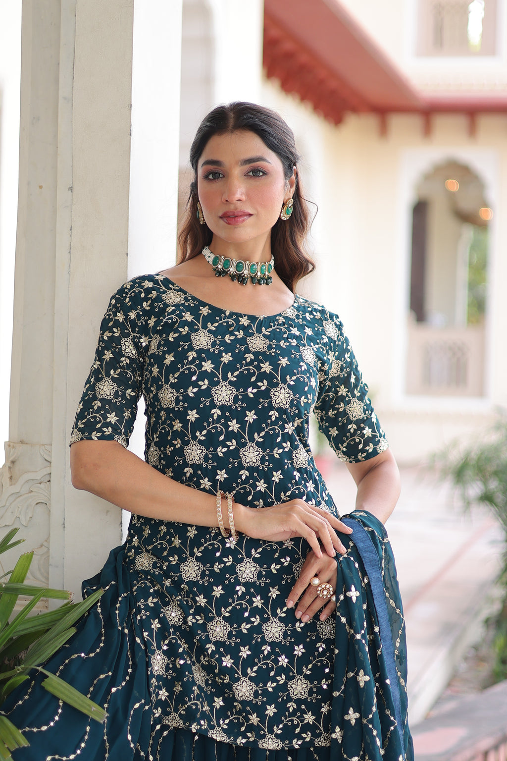 Aysa Teal Blue Faux Georgette Rich Sequins Embroidered Kurti Sharara Set