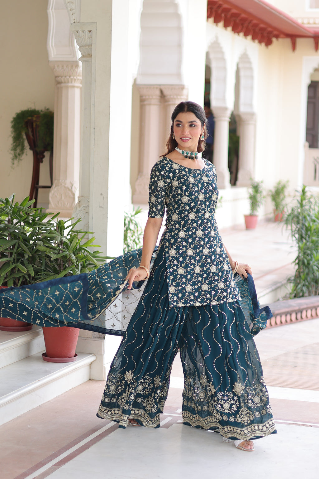 Aysa Teal Blue Faux Georgette Rich Sequins Embroidered Kurti Sharara Set