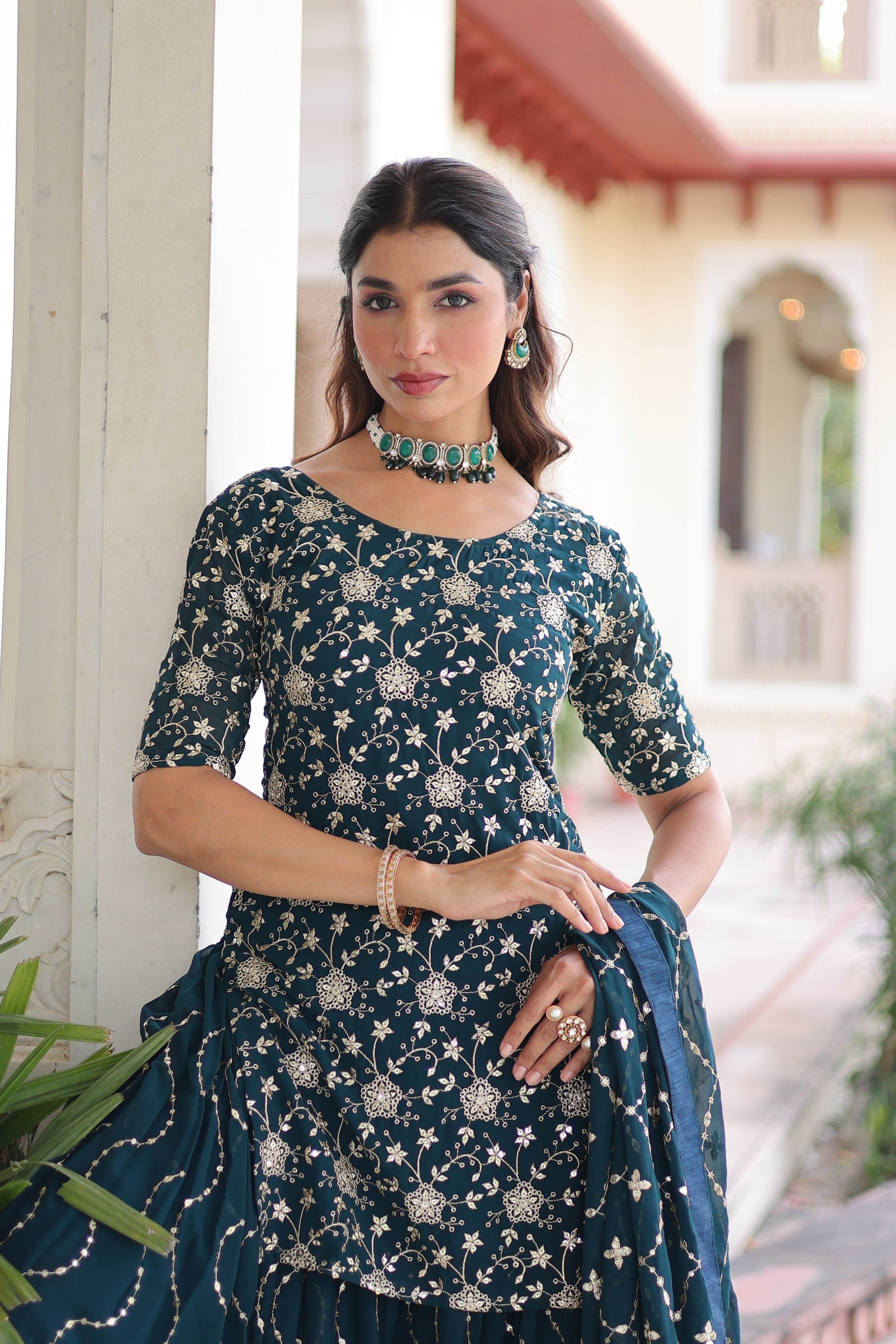 Aysa Teal Blue Faux Georgette Rich Sequins Embroidered Kurti Sharara Set