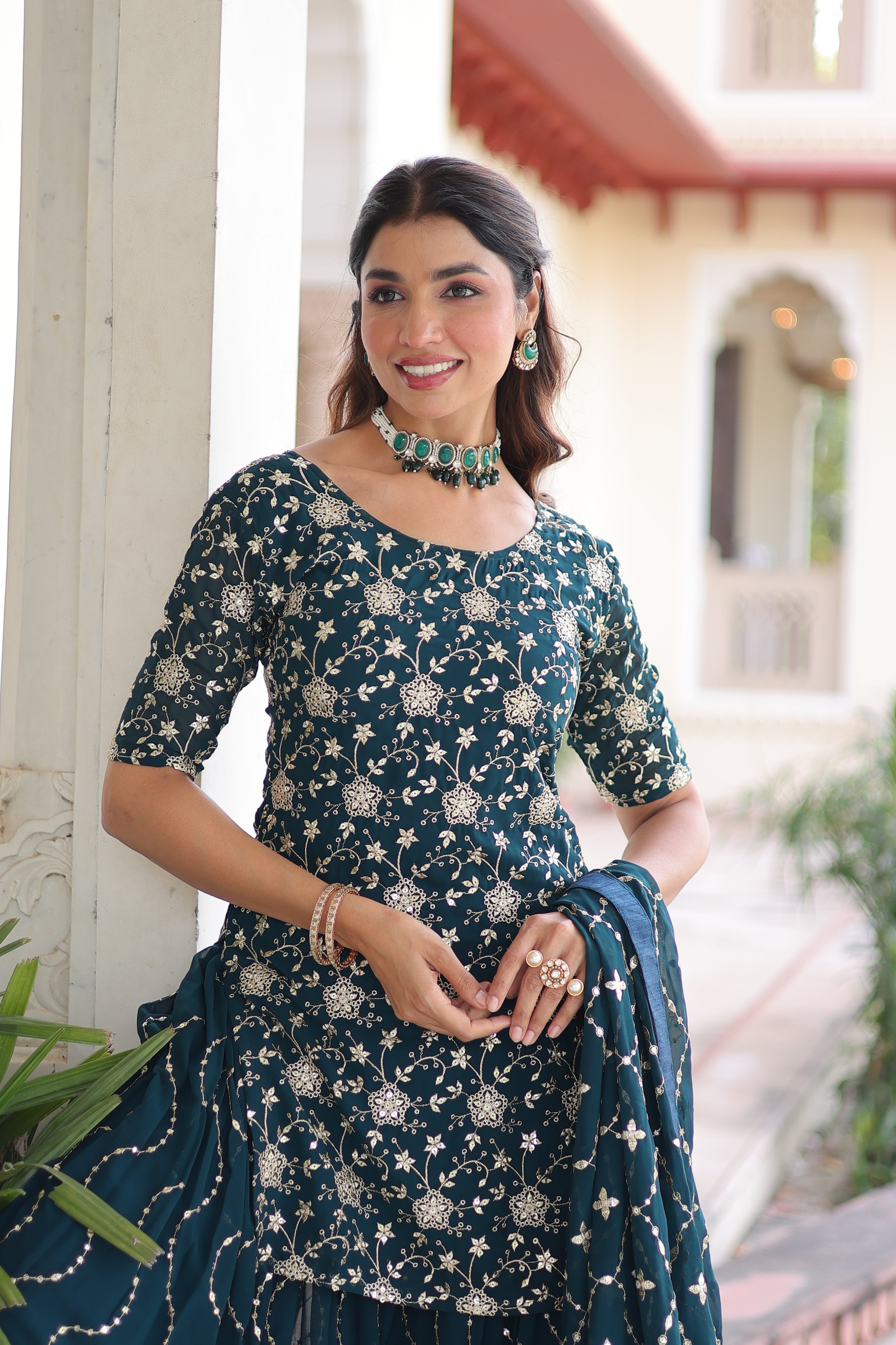 Aysa Teal Blue Faux Georgette Rich Sequins Embroidered Kurti Sharara Set