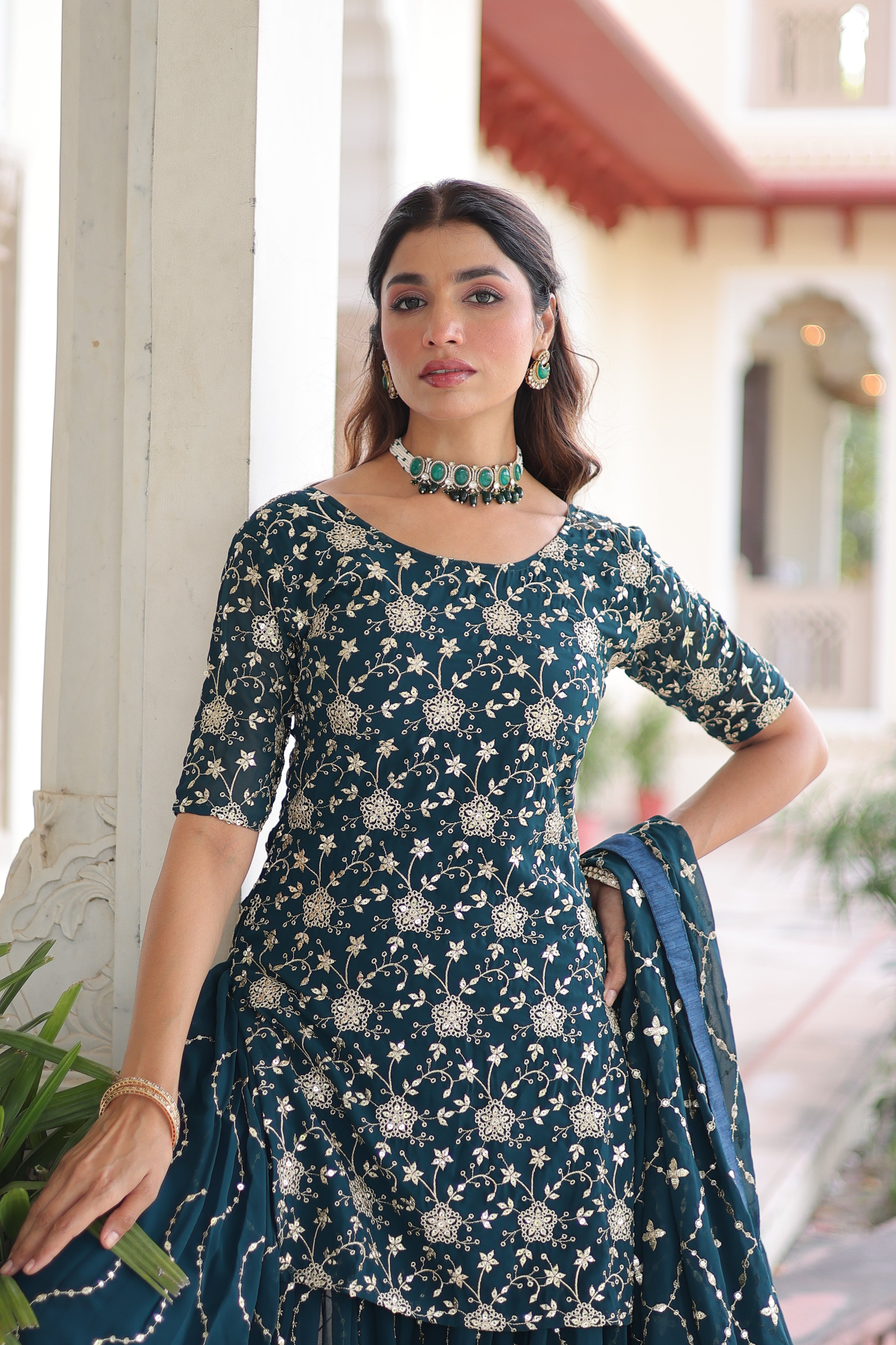 Aysa Teal Blue Faux Georgette Rich Sequins Embroidered Kurti Sharara Set