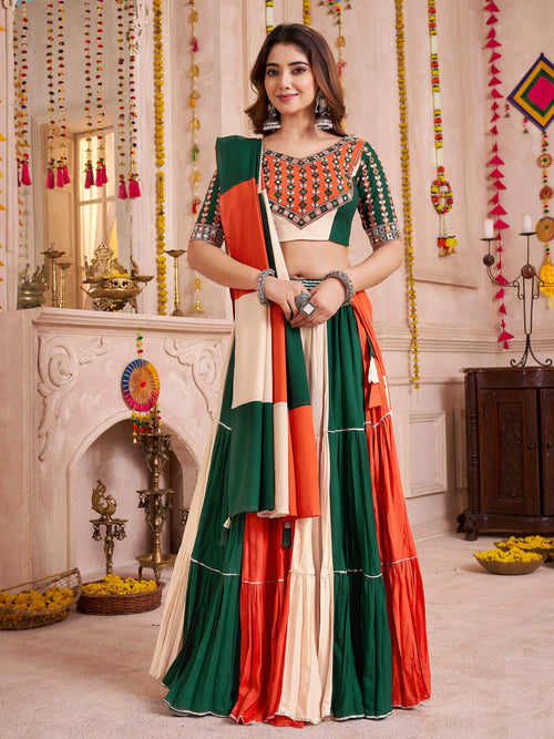 Beige multicolor viscose cotton mirror embroidered lehenga choli