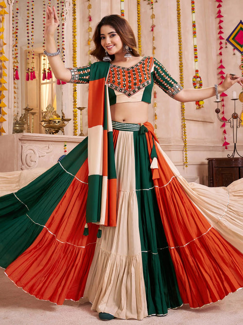 Beige multicolor viscose cotton mirror embroidered lehenga choli