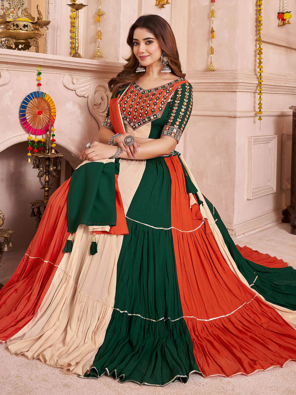 Beige Multicolor Viscose Cotton Mirror Embroidered Lehenga Choli