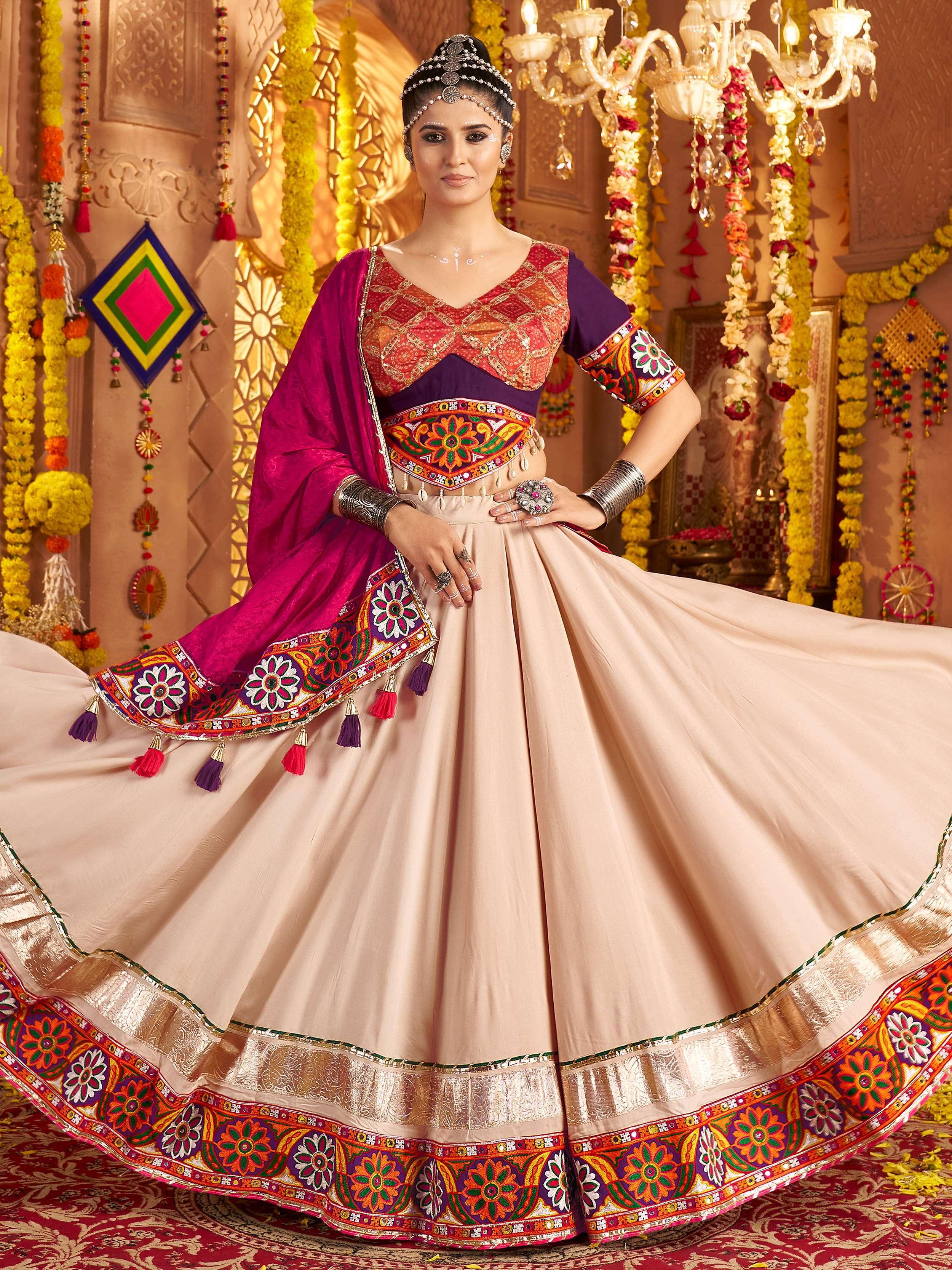 Beige Viscose Rayon Mirror Work Embroidered Navratri Lehenga Choli