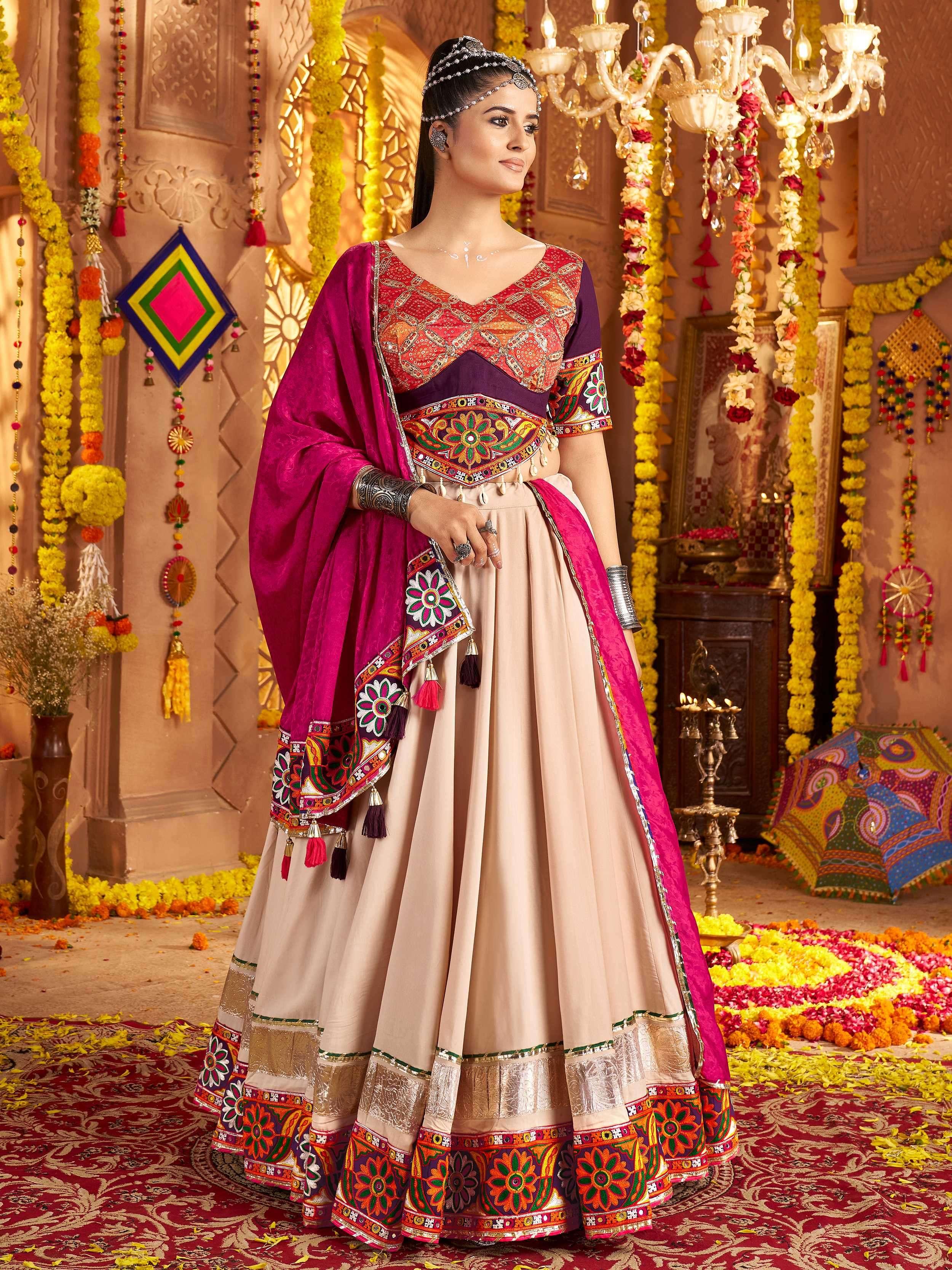 Beige Viscose Rayon Mirror Work Embroidered Navratri Lehenga Choli