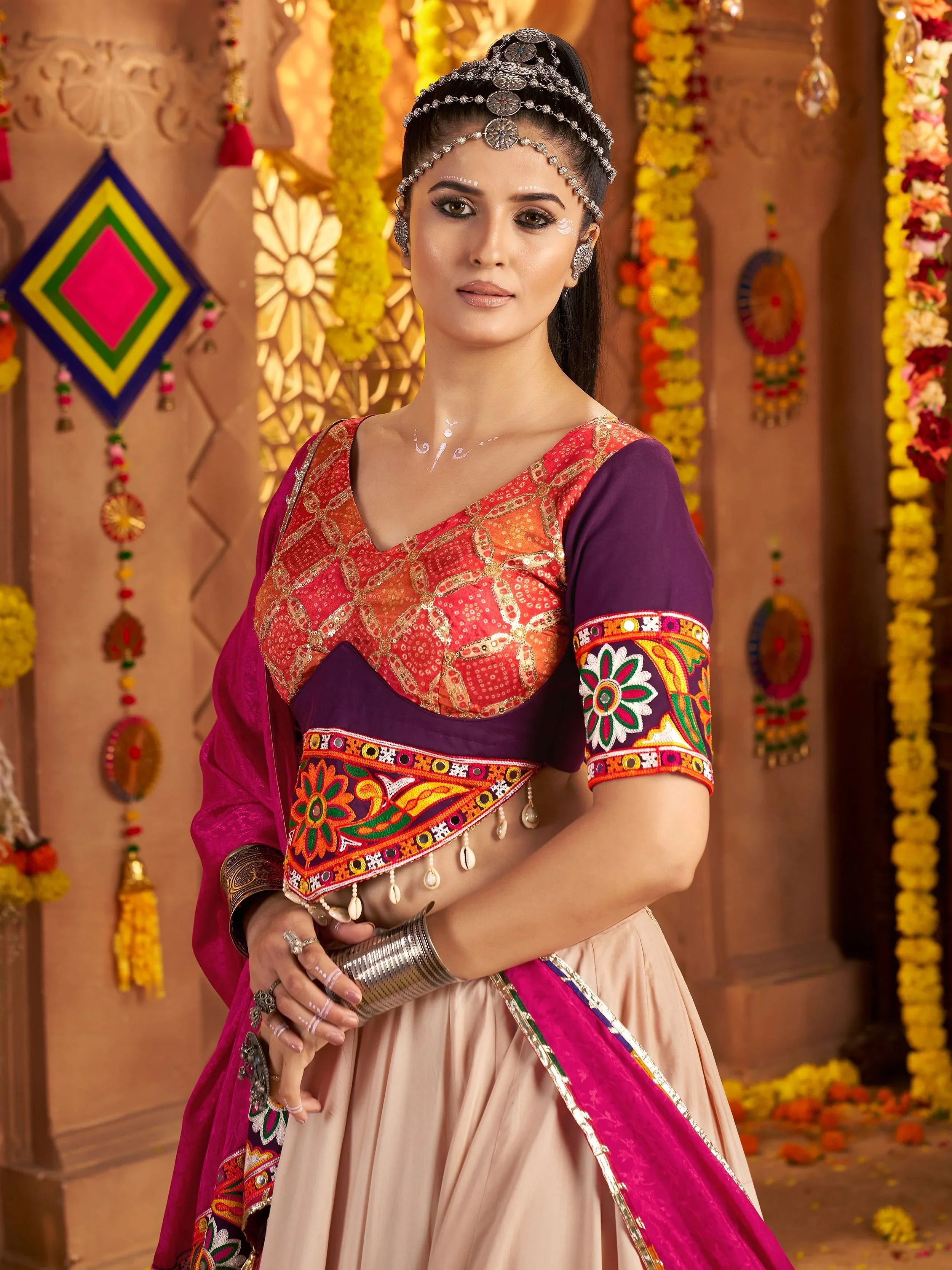 Beige Viscose Rayon Mirror Work Embroidered Navratri Lehenga Choli